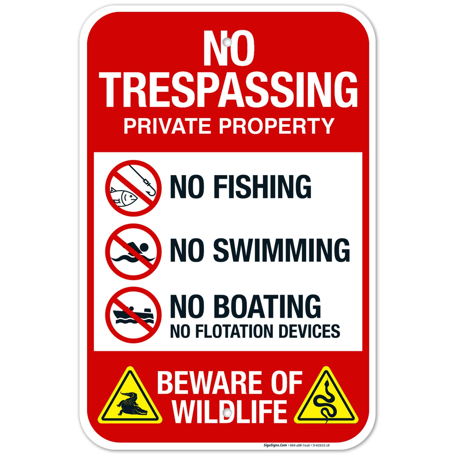 peiyeety No Trespassing Private Property Wildlife Warning Metal Tin Sign – No Fishing Swimming Boating Sign Wall Decor for Home Lake Pond Property Living Room Bedroom Kitchen Hallway 6x8 Inch