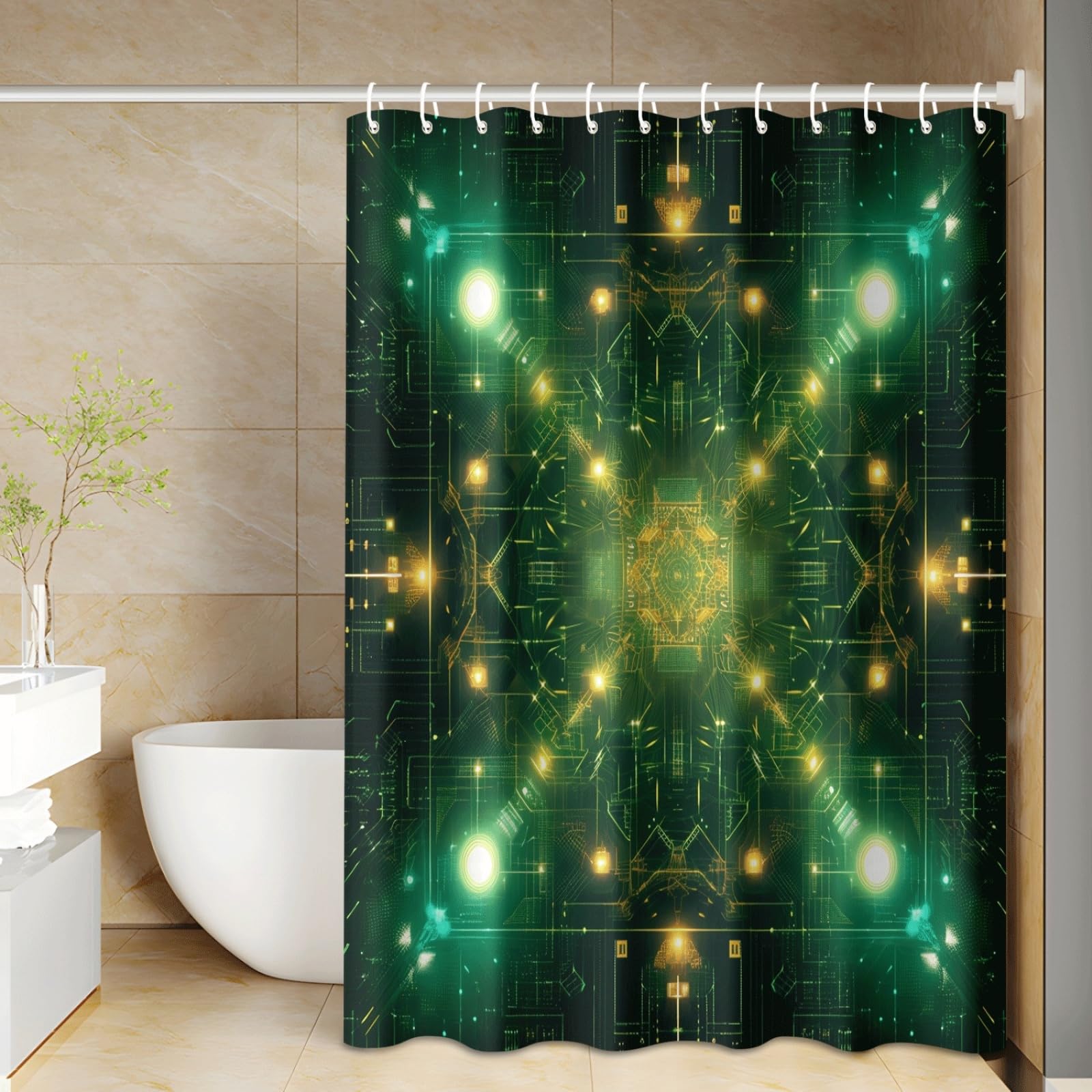 Rideau de douche polyester imperméable lavable avec 12 crochets inclus