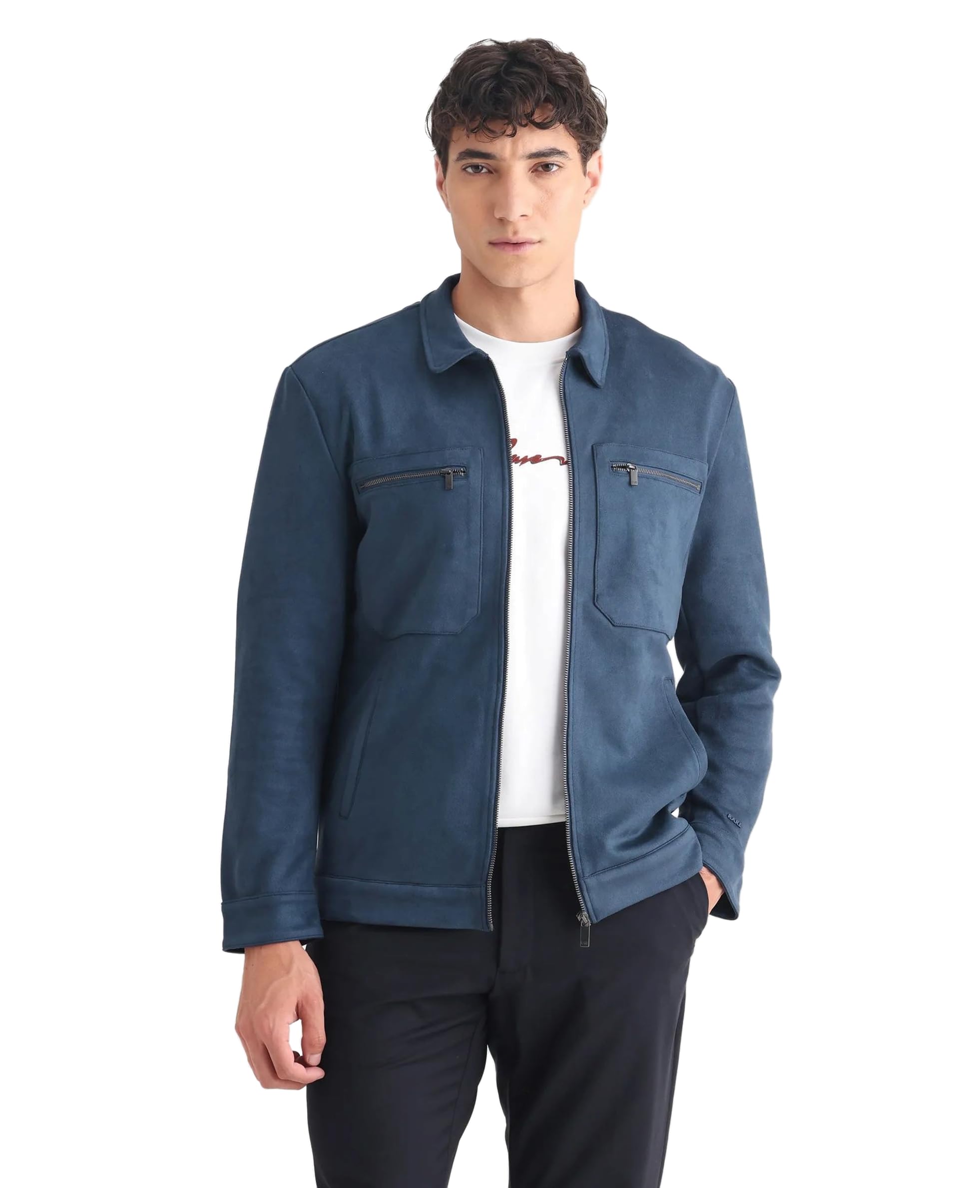 rare rabbit Men Relaxed Fit Solid Dark Blue Polyester Zipper Jacket-picture-15