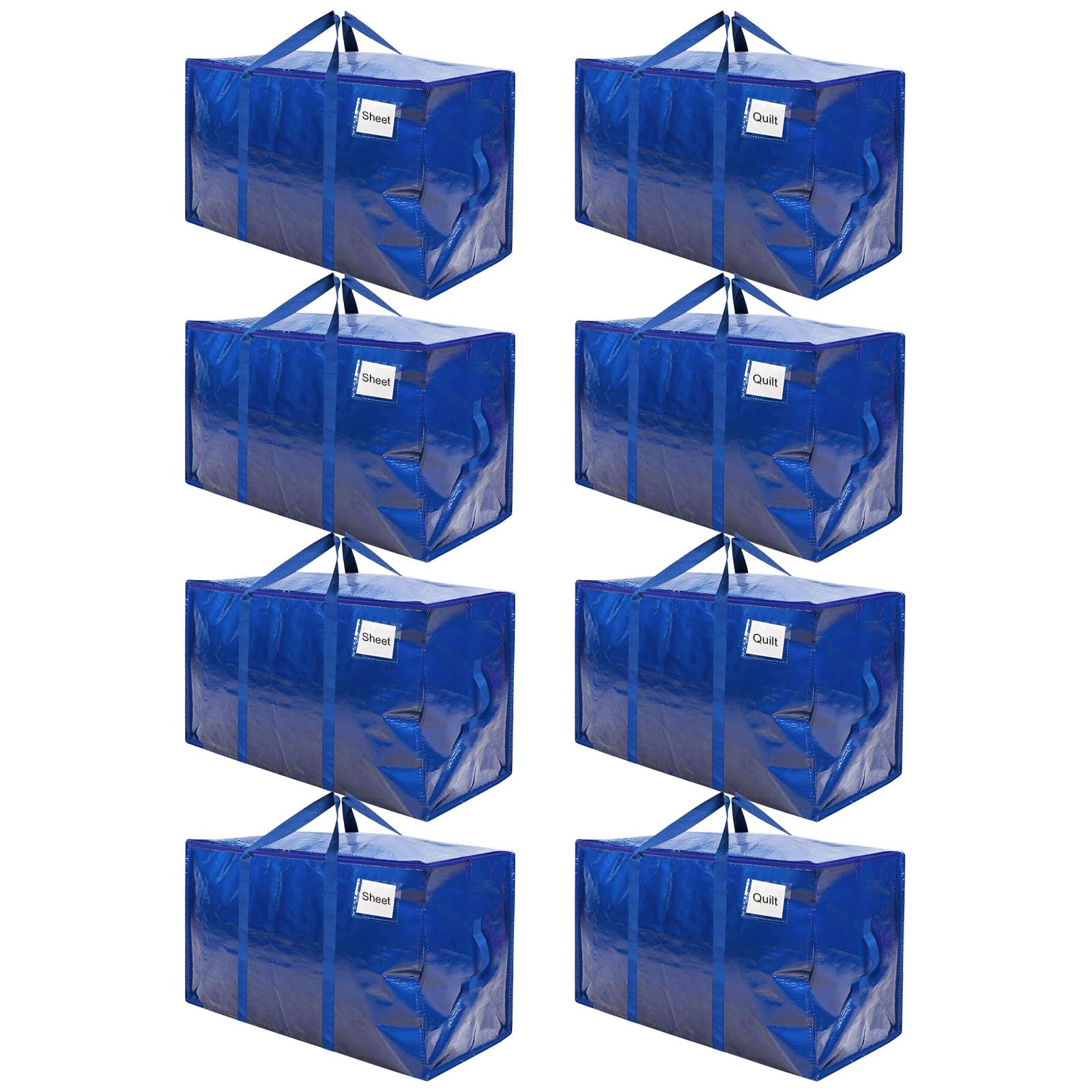 RICHIE Heavy Duty Extra Large Moving Bags with Reinforced Handle and Double Zipper - Waterproof Storage Box with Tag Window - for Christmas Decorations, Moving & Travel, 90L (Blue, 8 Packs)