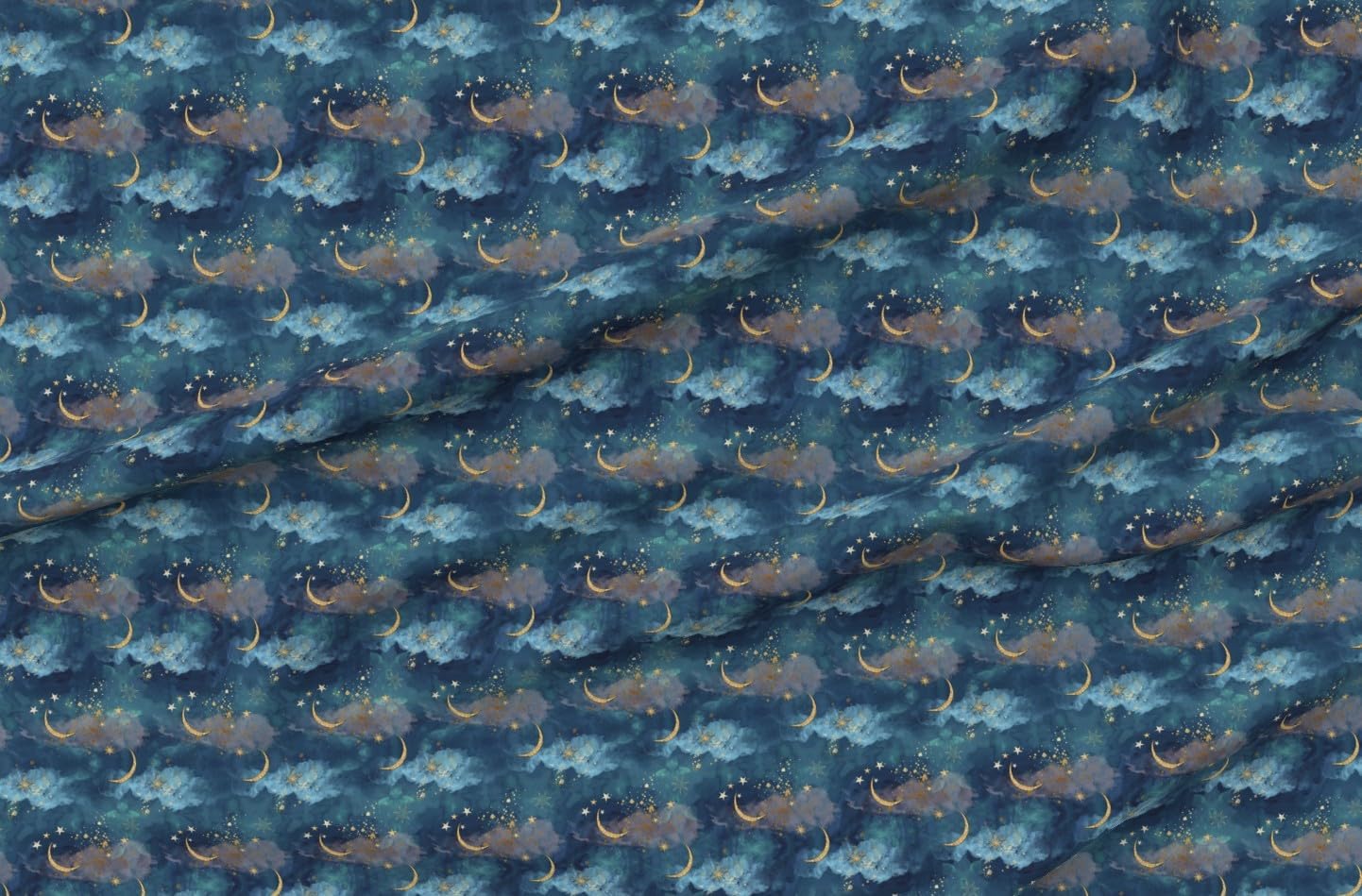 Spoonflower Fabric - Whimsical Celestial Stars Clouds Moon Night Sky Galaxy Magical Printed on Petal Cotton Fabric by The Yard - Sewing Quilting Apparel Crafts Decor