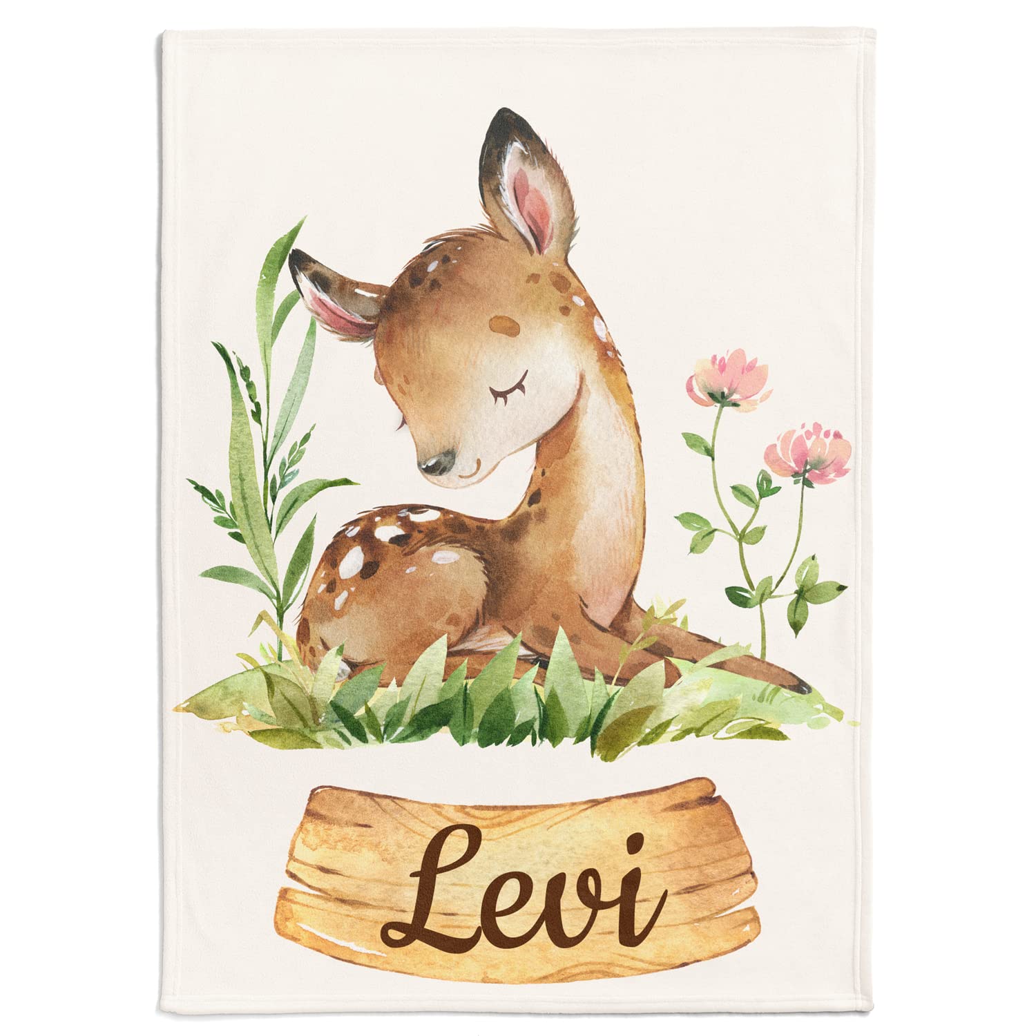 Personalisierte Babydecke mit Rehlein & Blumen Motiv | Kinderdecke personalisierbar mit Wunsch Name & Rehgeiß | Baby Decke Namensdecke (REH), 80 x 110 cm