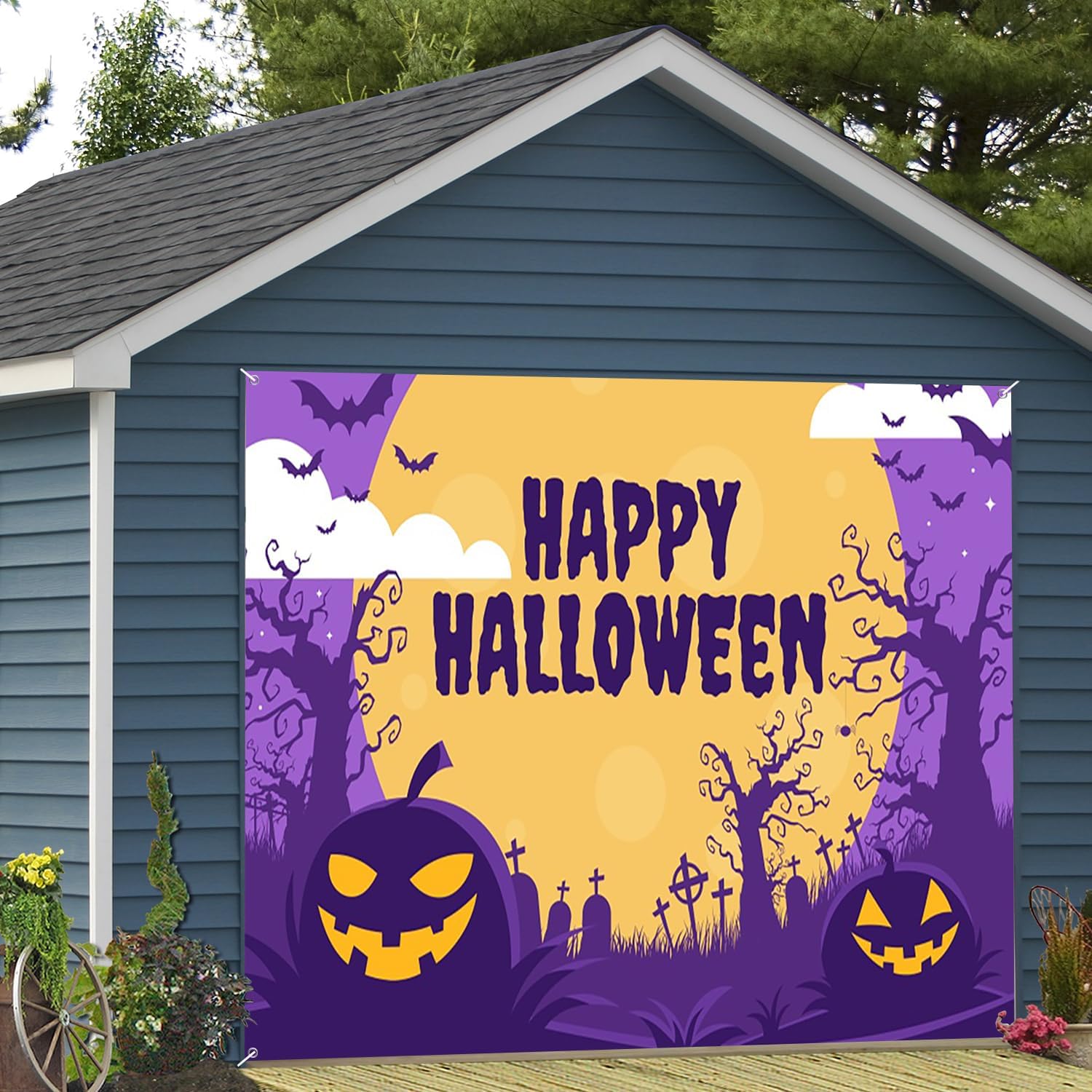 7x8ft Happy Halloween Garage Door Decor Large Moon Jack - o'- Lanterns Bats Tombstones Cemetery Night Garage Door Cover for Indoor Outdoor Celebration Festive Background Decor