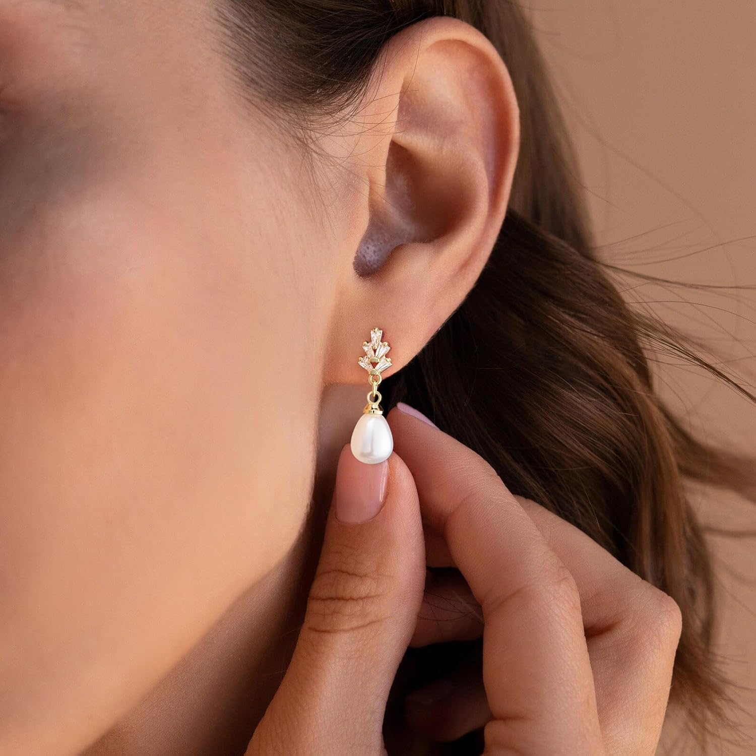 HANLI Pearl Dangle Earrings for Women - 14K Gold Plated Dainty Cubic Zirconia Pearl Drop Wedding Stud Earrings for Brides Bridal Jewelry - Image 2