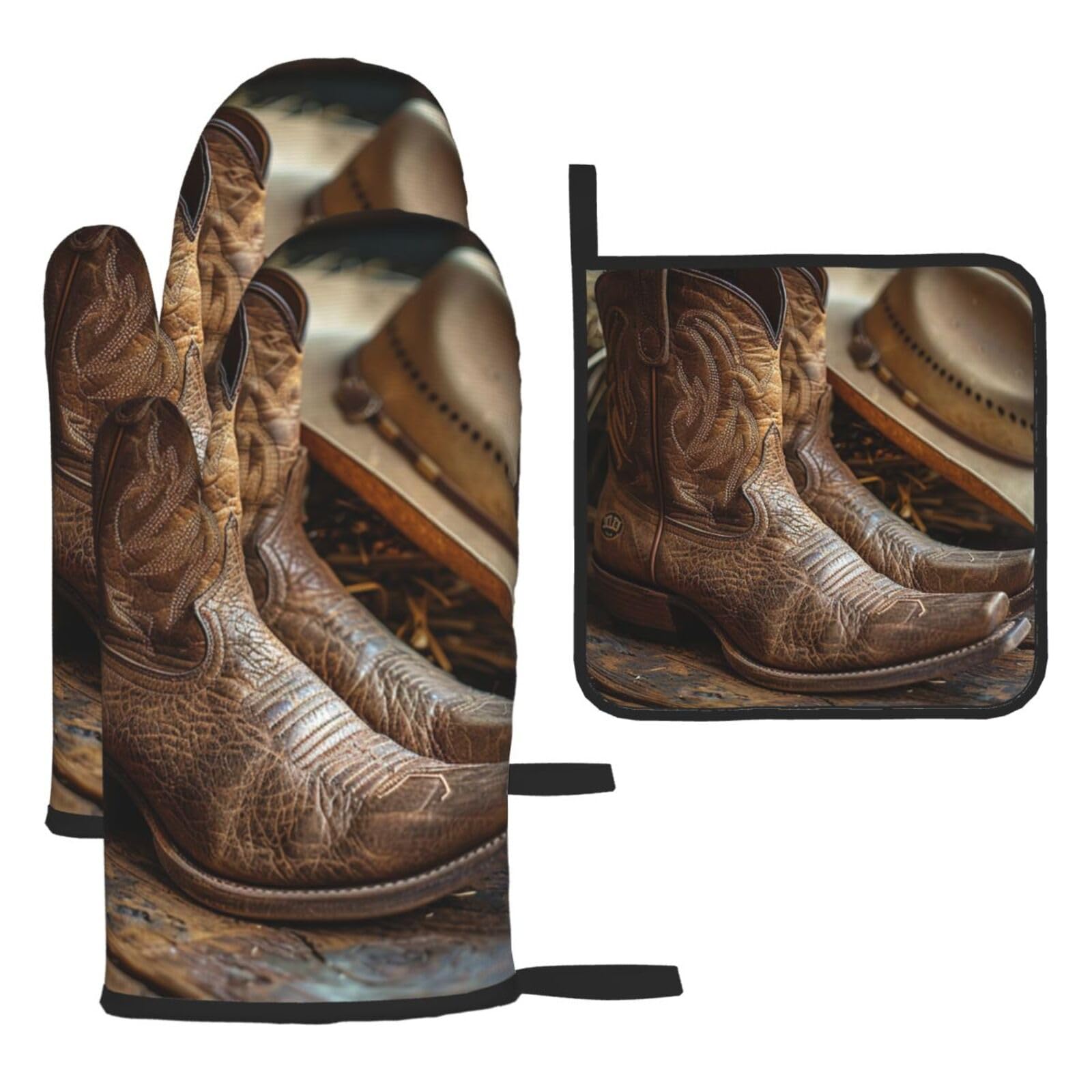 Oven Mitts and Pot Holders Set of 3 Heat Resistant Non-Slip Kitchen Gloves Hot Pads Cowboy Black Hat Western Boot Mittens Gloves Non-Slip Potholders for Cooking Baking Grilling BBQ