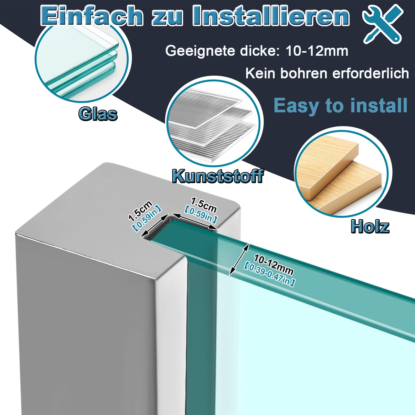 Pali per Ringhiere in Vetro in Balaustra, Sistema di Ringhiera, Stabilizzatore Intermedio, Morsetto per Vetro, 95 cm, Argento