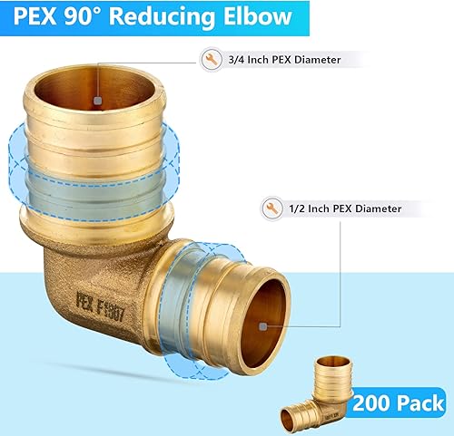 Miniatura 8 de GUOFIS Paquete de 10 accesorios PEX, Pex 34 x Pex 12 pulgadas, codo de latón reductor, PEX F1807 engarzado 90 grados para tuberías PEX, fontanería