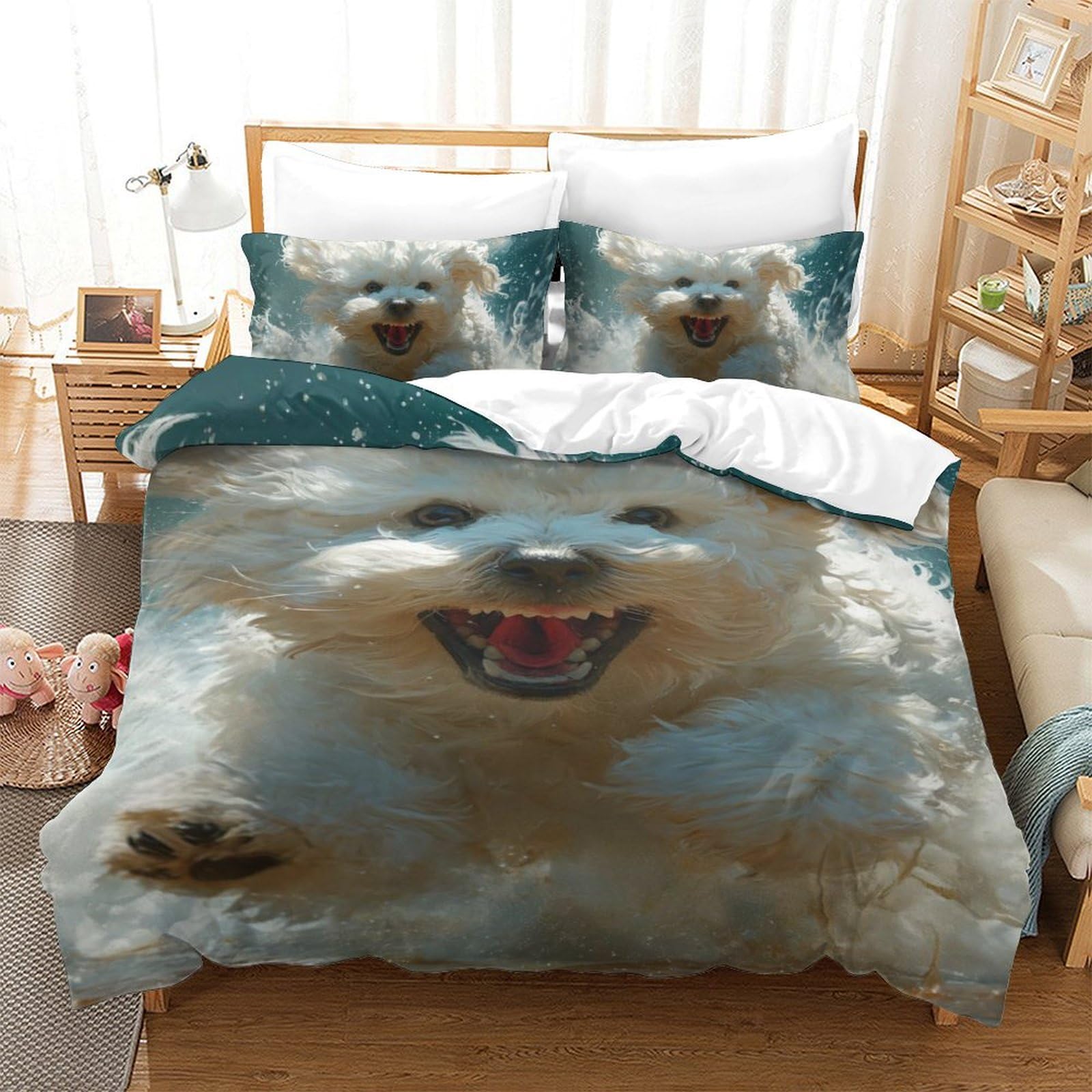 Housse de couette 3D chien 140x200 cm anti-plis en microfibre douce facile à laver pour lit simple