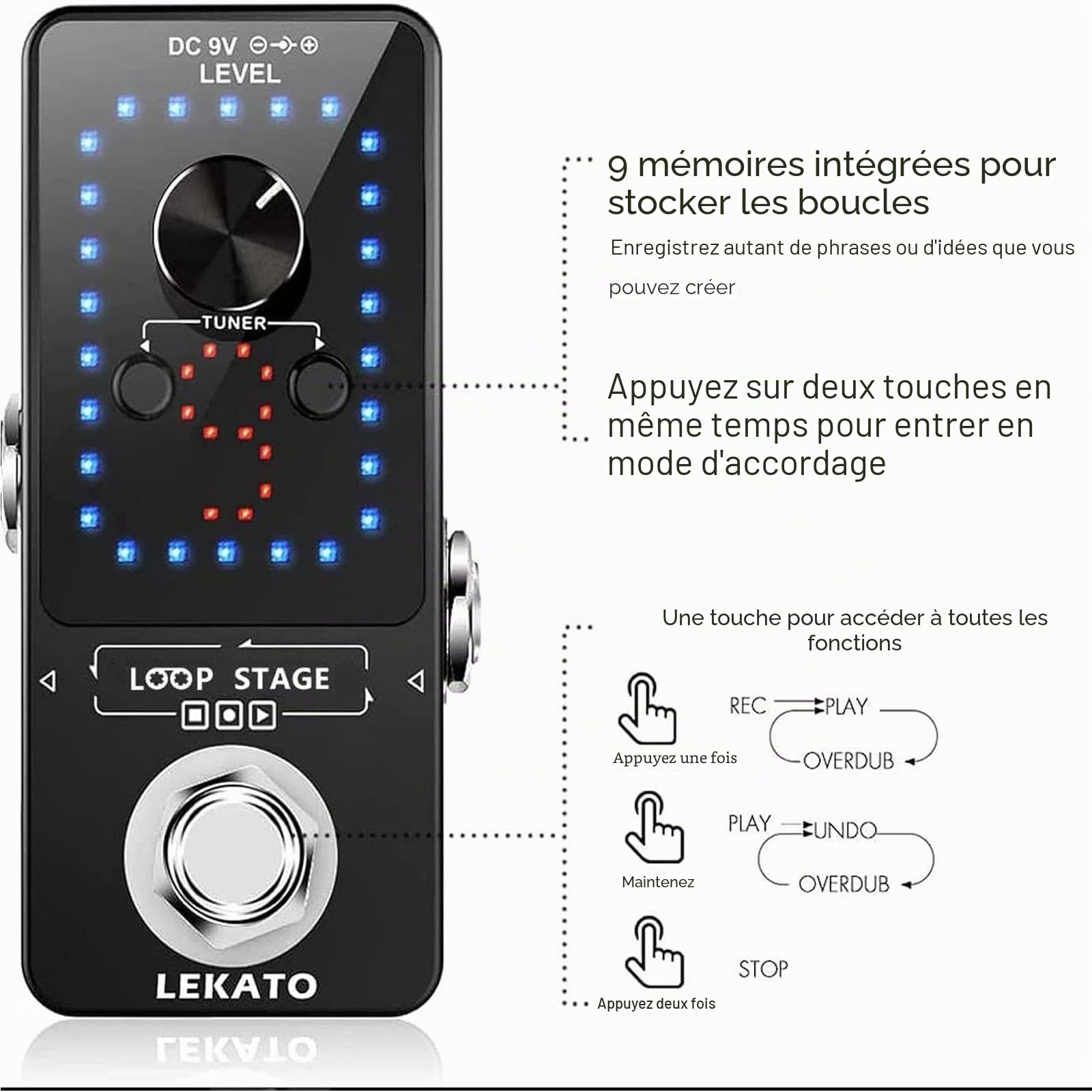 Looper Guitar Pedal avec alimentation, LEKATO 9 boucles 40 minutes d'enregistrement Temps Accordeur intégré Overdub illimité Pédale d'effet looper électronique pour guitare basse électrique