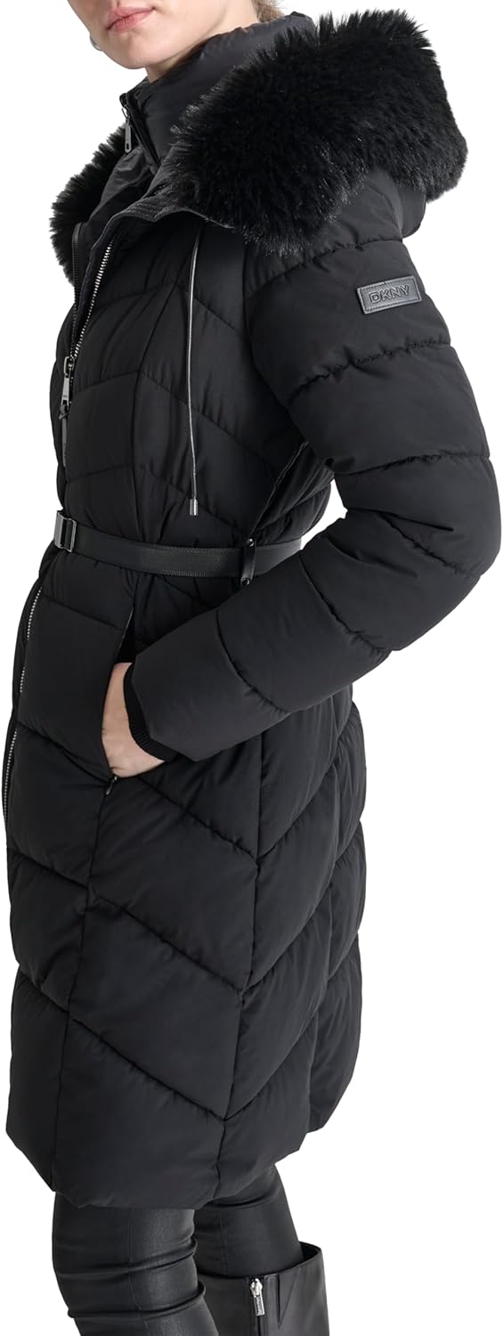 DKNY Women's Bib-front Faux-fur Trim Hooded Long - Image 3