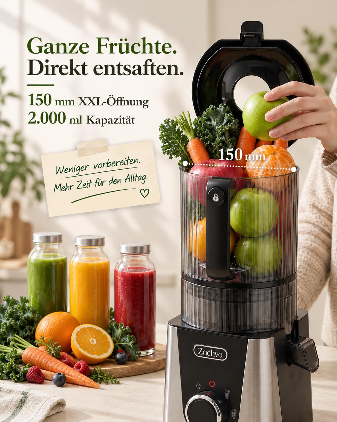 Slow Juicer Entsafter Gemüse und Obst Testsieger, 150 mm Öffnung