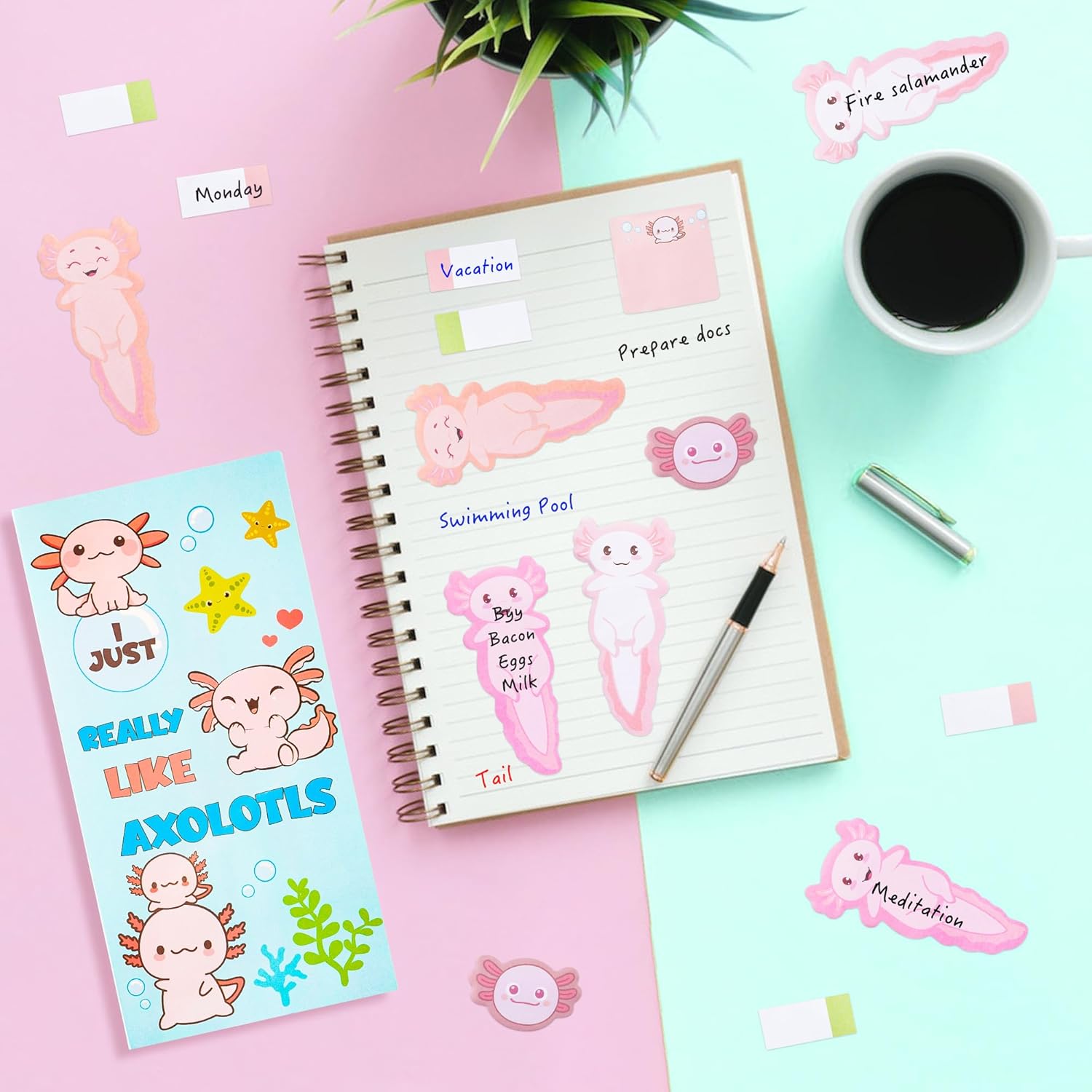 Xqumoi 2 Pack I Just Really Like Axolotl Sticky Notes Set - Animal Mexican Walking Fish Self-Stick Notes Pads Divider Tabs Bundle Writing Memo Pads Page Marker Back to School Office Supplies Gift
