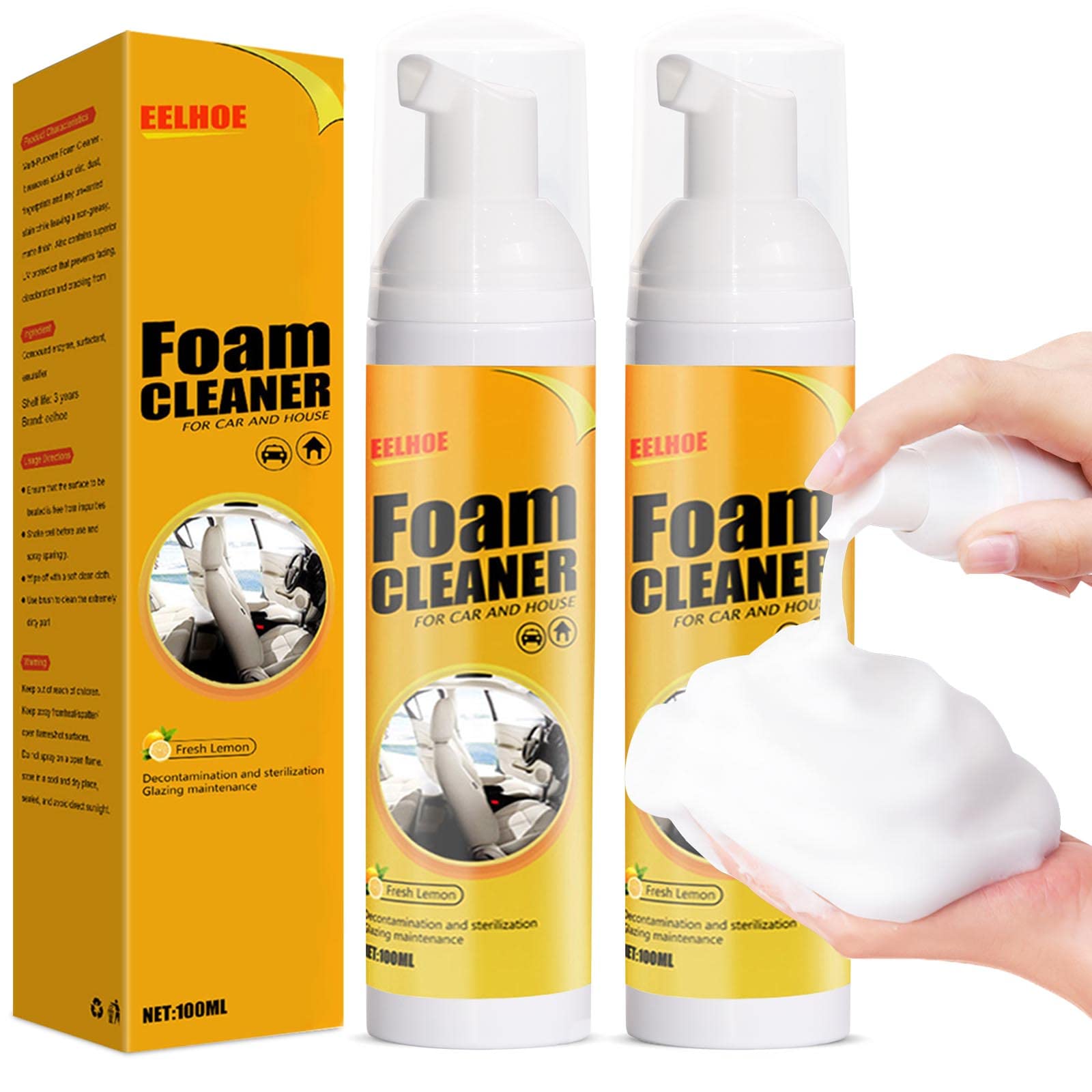 Eiqer 2Pcs 100ML Multipurpose Foam Cleaner for Car and House Lemony Scented Foam Cleaner, Kitchen Cleaner Foam Spray Multipurpose Household Cleaner for Kitchen, Bathroom, Car