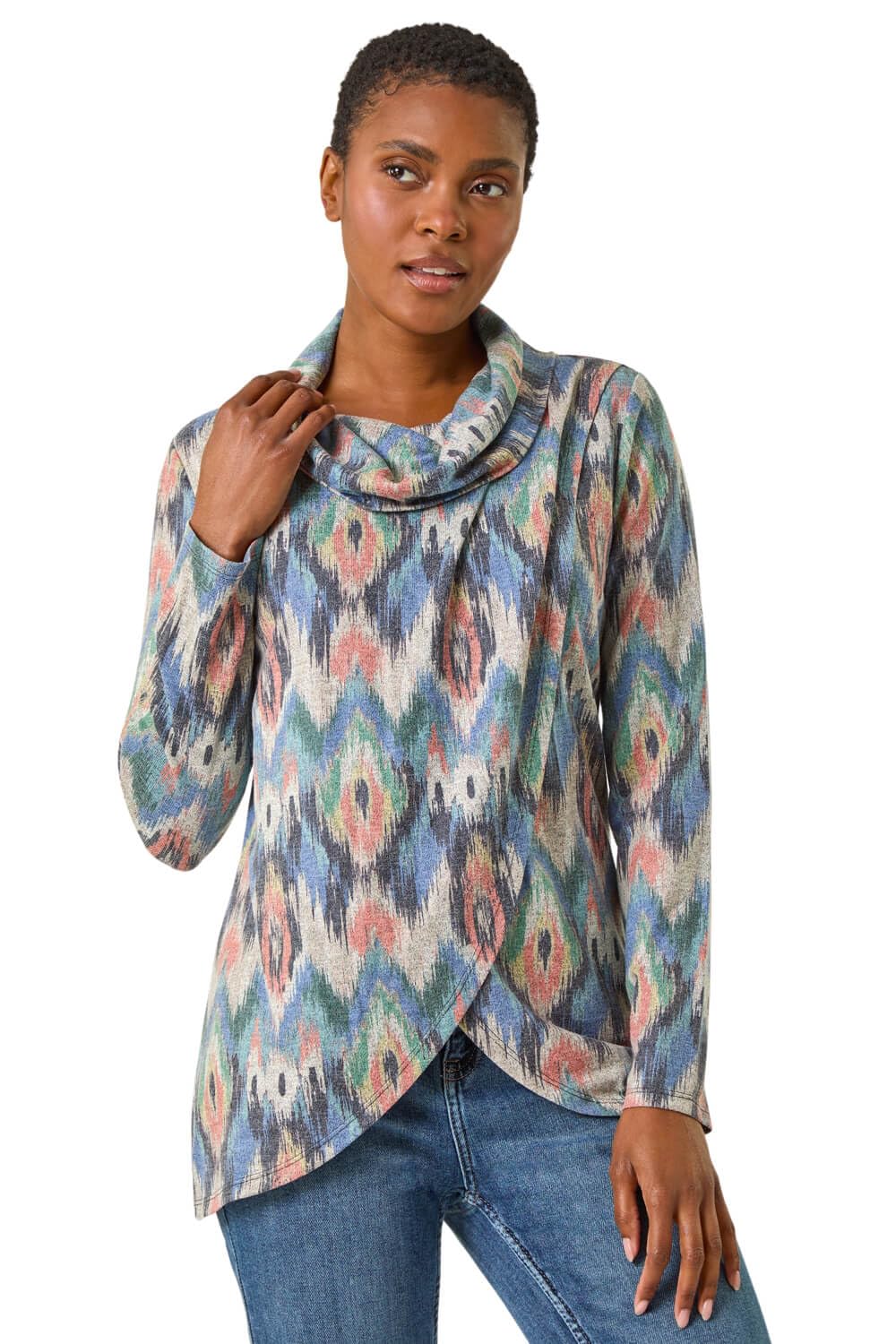 Roman Originals Cowl Neck Snit Top for Women UK - Ladies Everyday Autumn Winter Comfy Soft Evening Vacation Work Party Night Out - Blue Multi - Size 18