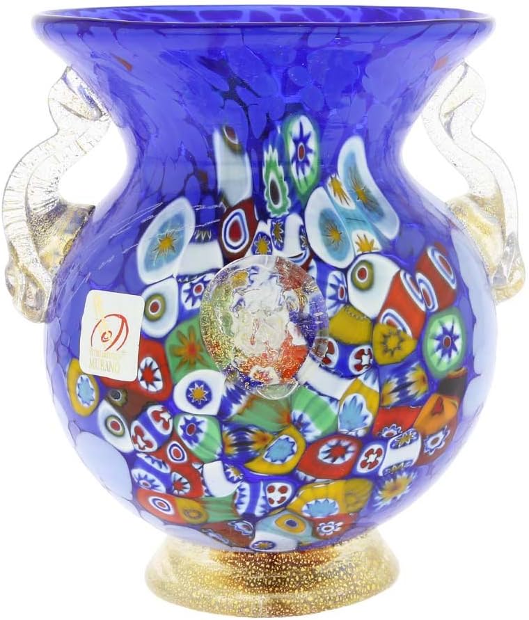Glass Of Venice Murano Glass Millefiori Urn Vase with Lion Heads - Blue