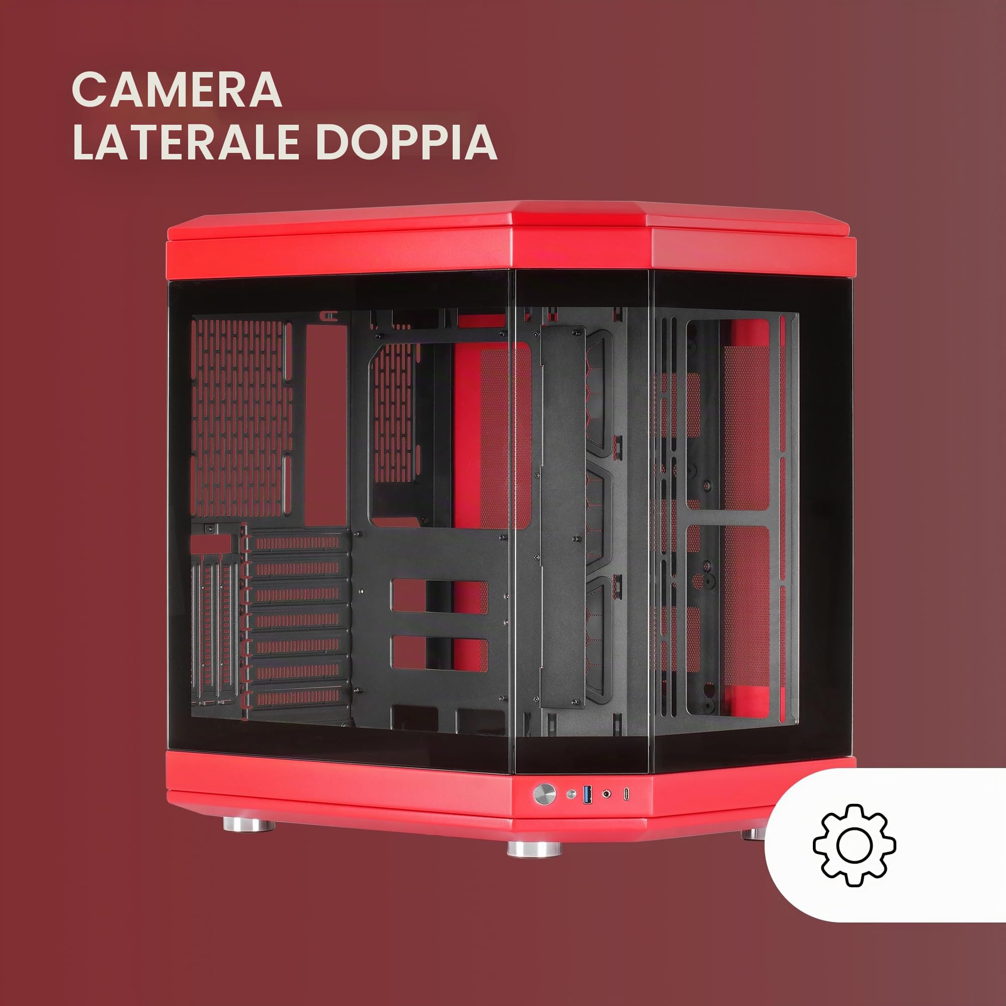 Mars Gaming MC-3T, Case Gaming Custom ATX, Vetro Temperato Continuo Tripla Finestra, Supporto Raffreddamento Liquido Completo, Doppia Camera Laterale, 3x Slot PCI Verticali, USB-C e USB 3.0, Rosso