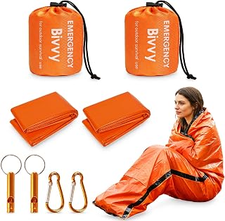 Notfall Schlafsack, Survival Biwaksack, Rettungsdecke mit Karabiner Signalpfeife, Survival Ausrüstung, Überleben Schlafsack, Überlebensausrüstung für Outdoor Camping Biwak