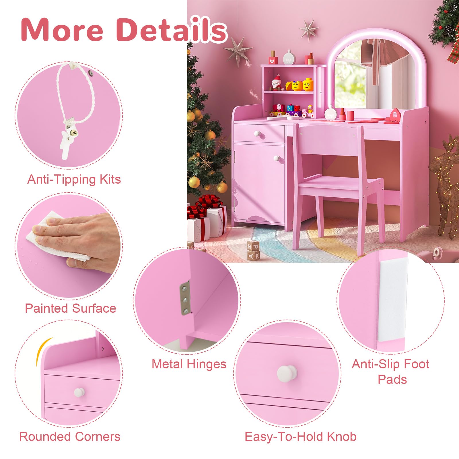 LIFEZEAL 2 en 1 Set de Tocador Niños, Tocador Infantil con Cajón y Estante, Mesa de Maquillaje con Espejo LED y Taburete, para Niñas a Partir de 3 Años