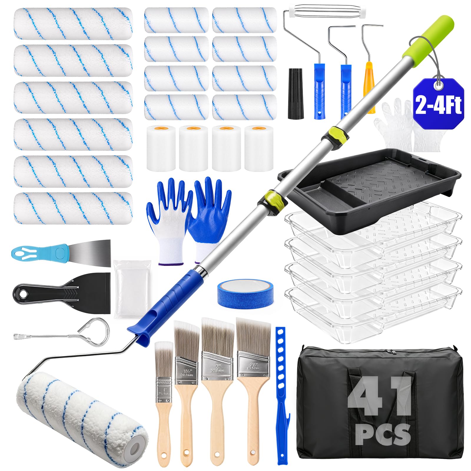 Kit de 41 rouleaux de peinture avec manche d'extension et sac de rangement