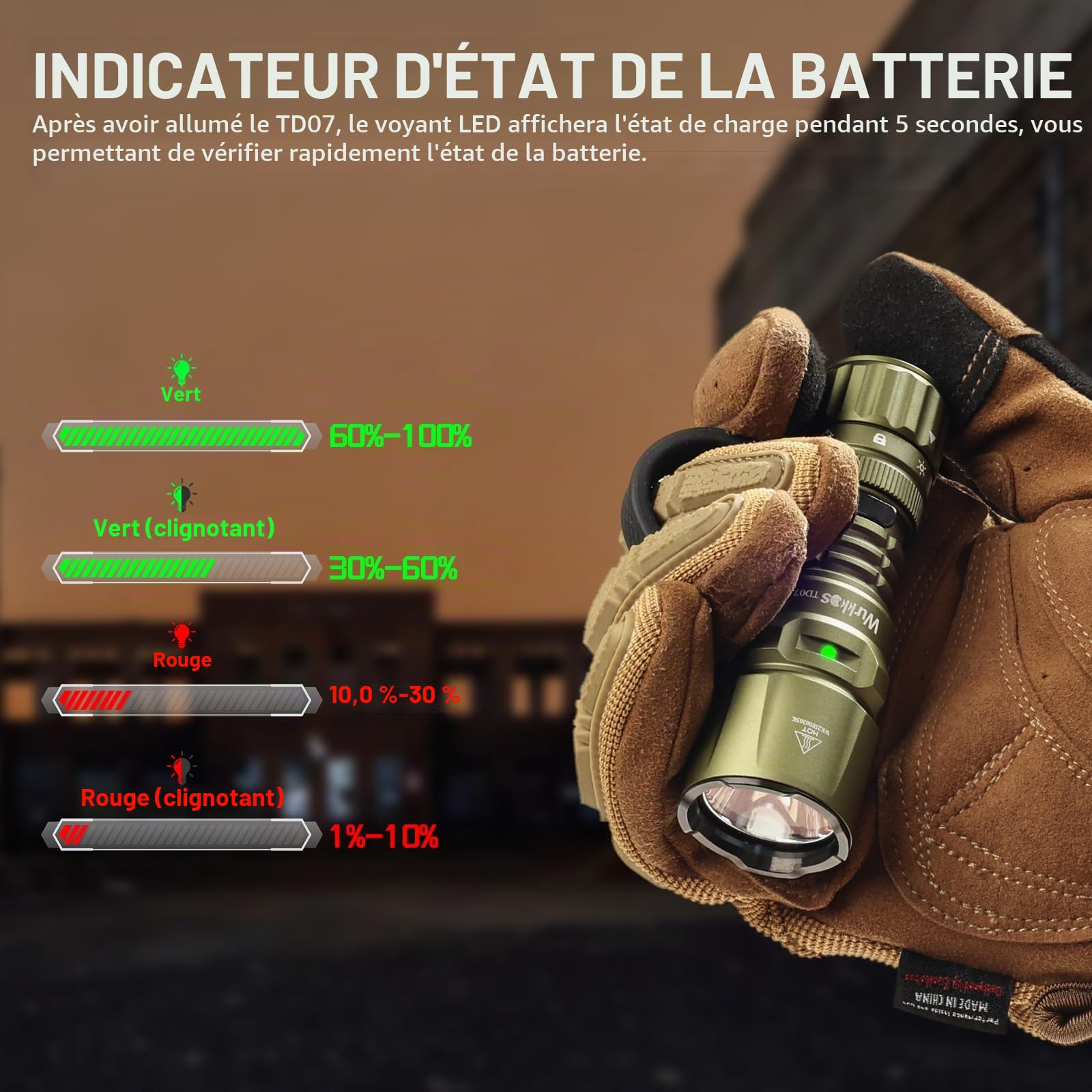 Wurkkos TD07 - Lampe de poche tactique LED extrêmement lumineuse - 1300 lumens - Rechargeable - Turbo/stroboscope instantané - Étanche IP68 - Pour le camping d'urgence - Vert