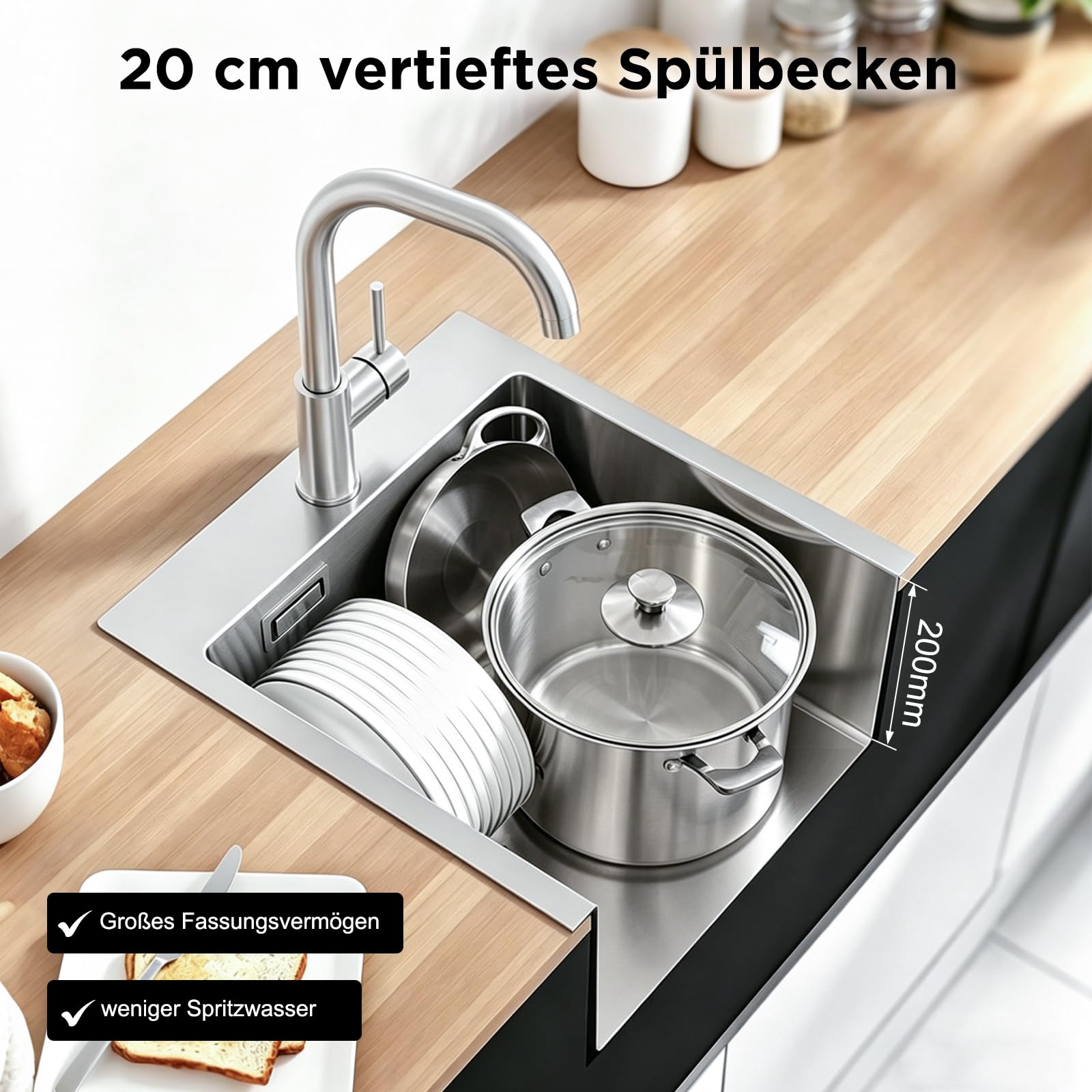 Modernes Spülbecken 40x34 cm, 1 Becken, Verchromte Küchenspüle, Spüle mit Wasserhahnloch und Überlauf, Aufsatz Edelstahl Waschbecken Küche, Stabil und Langlebig, Leicht zu Reinigen