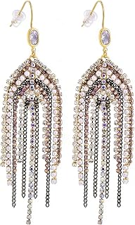 Fringe Dangling Tassel Earrings for Women, Handcrafted Chandelier Long Bohemian Beaded Cubic Zirconia Crystal Imitation Pearls Inlay Statement Boho Chain Hook Earrings for Wedding Party
