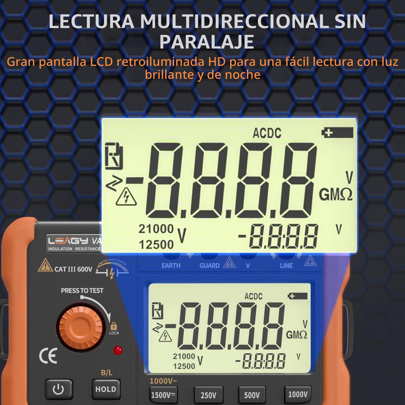 LEAGY VAD78 Tester de Resistencia de Aislamiento Digital - Megóhmetro Preciso para Pruebas de Voltaje DC/AC (20-1000V, 20-750V) y Medición de Resistencia (0-5000 megohmios)