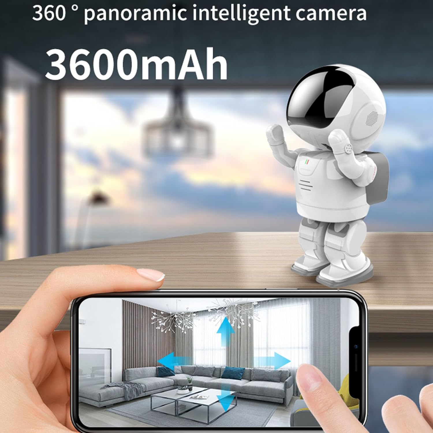 Smartphone displaying a live feed from the camera, with arrows indicating 360-degree panoramic control