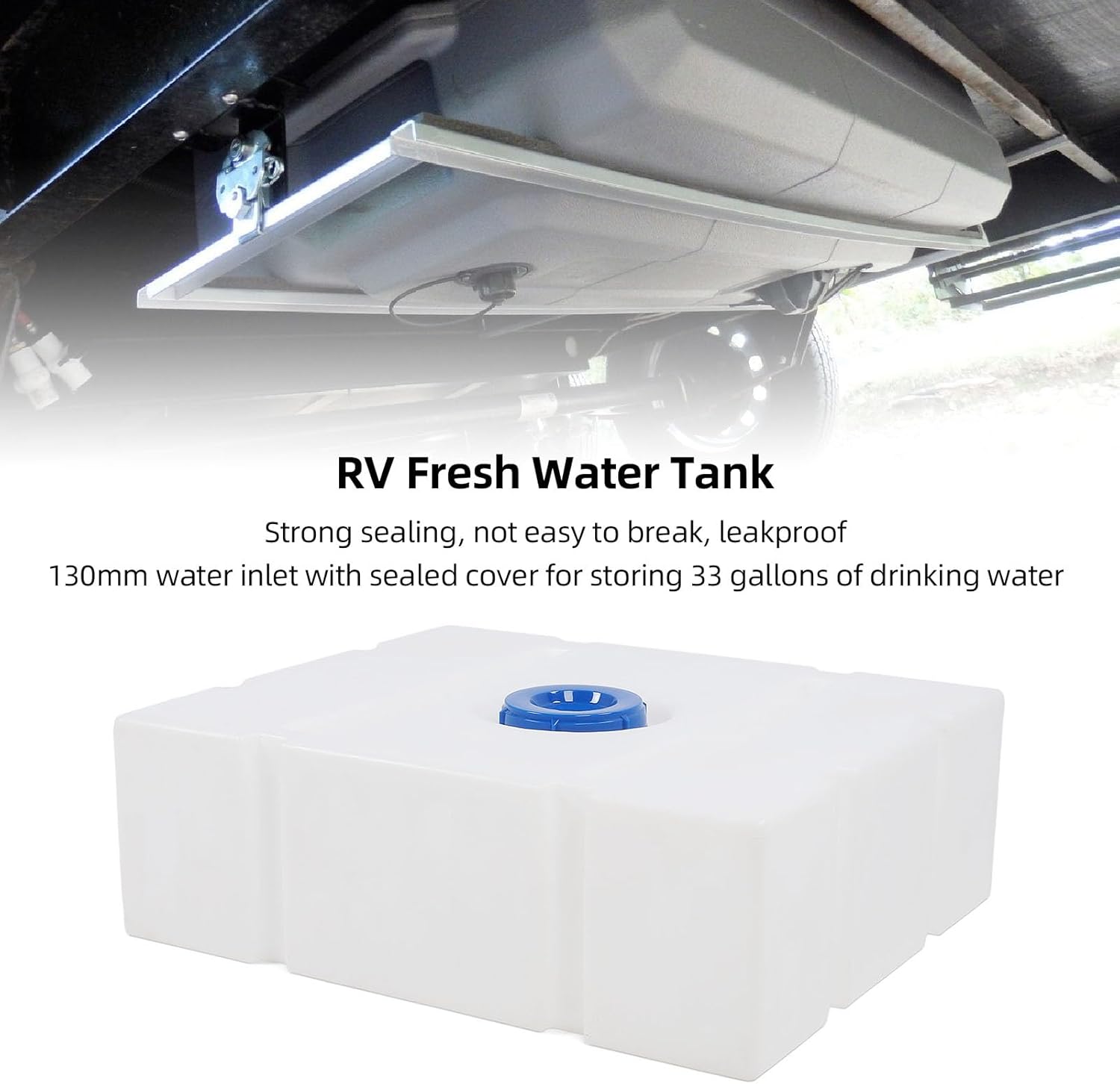 33 Gallon RV Water Holding Tank, Leakproof Food Grade LLDPE Water Storage Container Tank with 130mm Inlet, for Trailers, Boats, Yachts, 31.30 x 25.79 x 10.04in