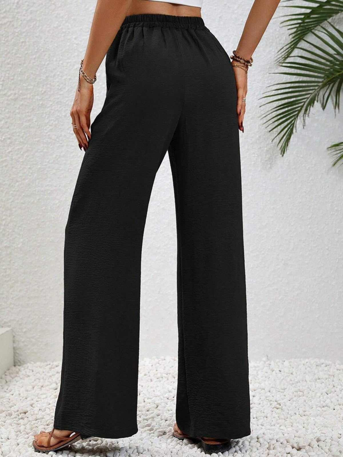 ALSOGO Pantaloni larghi da donna, eleganti, larghi, a vita alta, larghi, estivi, con tasche