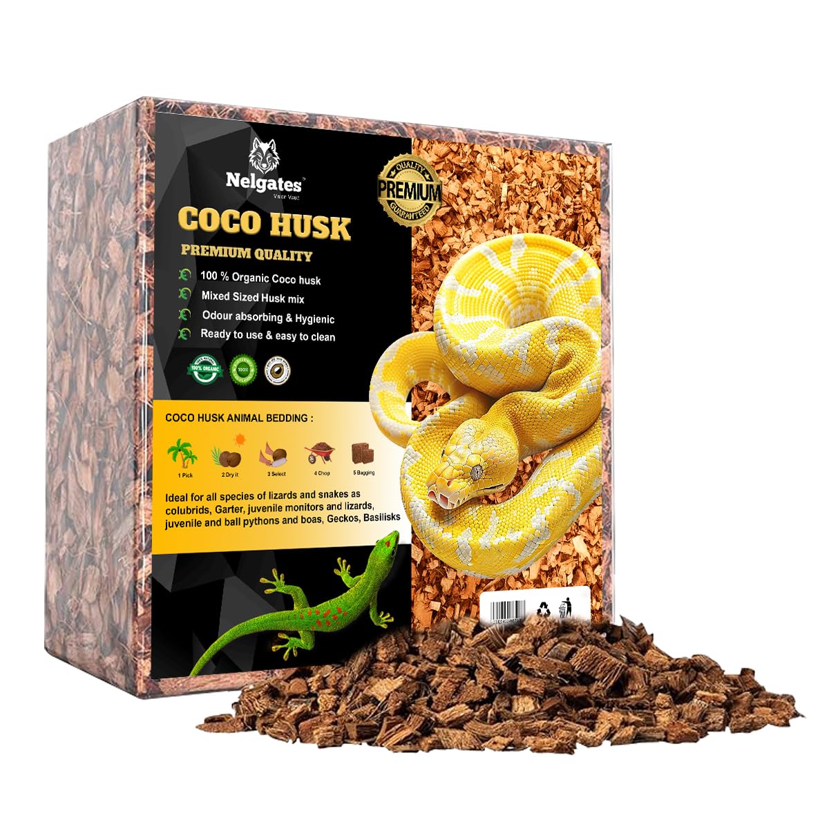Nelgates Reptile Coconut Chip Bedding 1kg Organic Coco Husk Block for Snake Habitat, Ball Python Terrarium, Tortoise Enclosure
