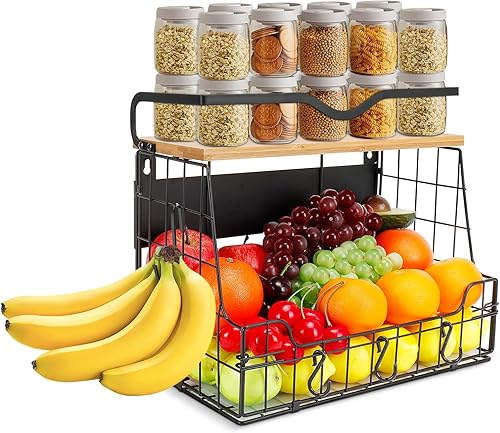 Livabber Cesta organizadora magnética para nevera con estante de madera, contenedor grande de almacenamiento de frutas y verduras, especias y