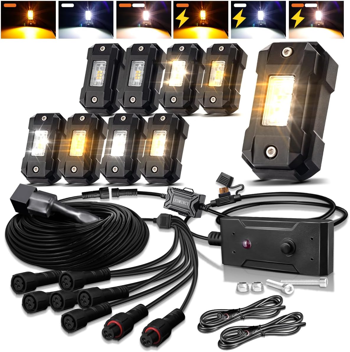LEDMIRCY Switchback LED Lock Light Kit White/Amber Strobe with Wiring Harness 8 Pods 6 Modes Reset Memory Function Off-Road Truck ATV UTV SUV RZR Underbody High Power Waterproof