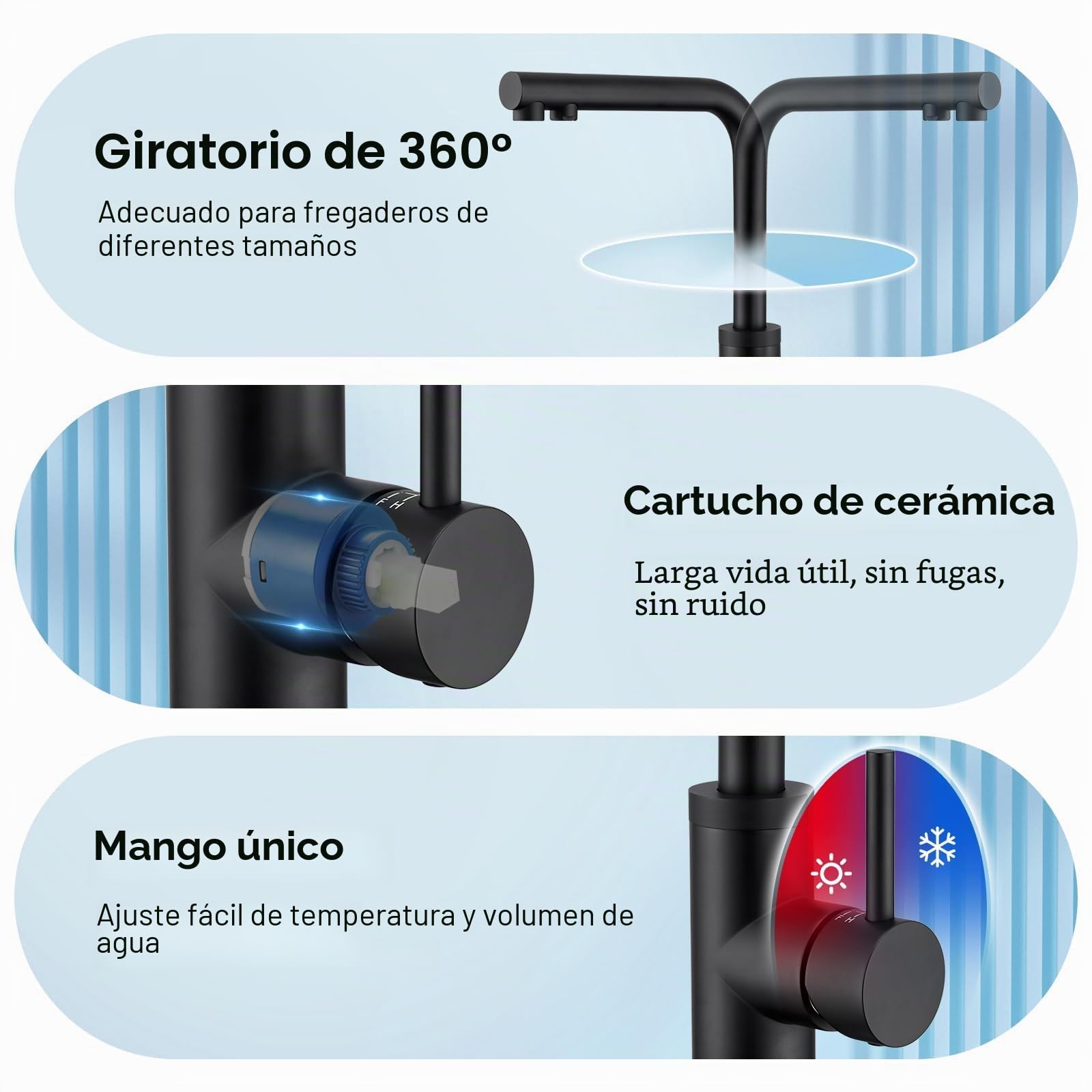 CREA Grifo de Cocina, 3 Vias Giratorio 360°, osmosis con Agua Fría y Caliente, Fregadero Negro Mate