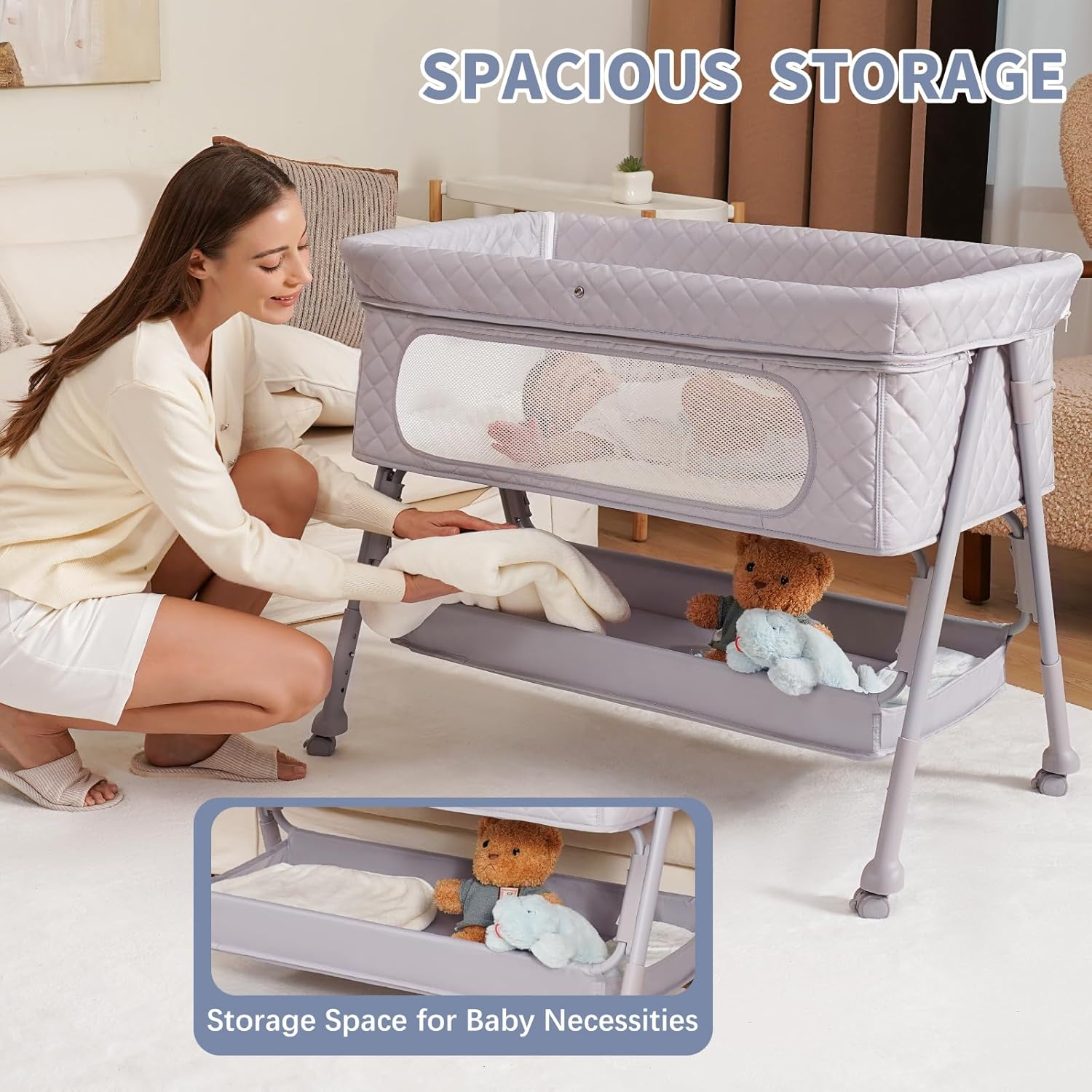 Bassinet Bedside Sleeper, Adjustable Height Baby Bassinet with Wheels, Easy Assemble & Folding Crib with Comfy Mattress, Breathable Mesh Bedside Bassinet for Infant Newborn (Grey)