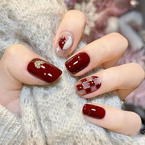 Uñas postizas a presión de otoño, uñas acrílicas cuadradas medianas con diseño de patrón de amor y a cuadros, uñas postizas con purpurina dorada,