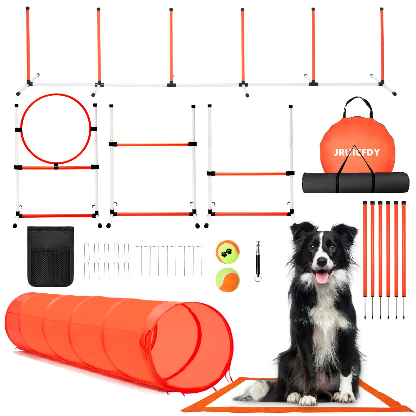 Dog Agility Course Backyard Set, Dog Agility Equipment, Pet obstacle Course Backyard with 6 Dual Mode Weave Poles, 2 Adjustable Hurdle, Jump Ring, Tunnel, Pause Box, Toy Balls and 2 Carrying Bags