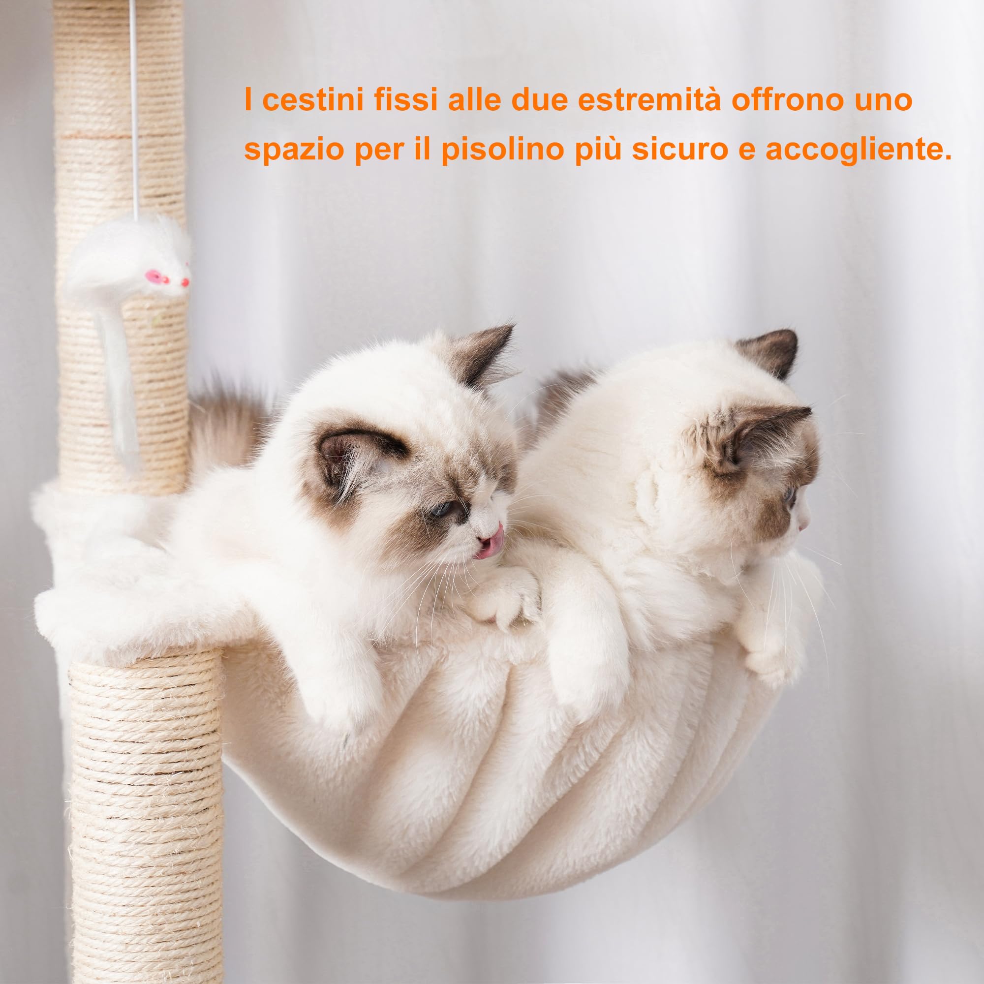 Heybly Albero per Gatti, Alto 156 cm Tiragraffi per Gatti Moderno, con 5 Pali Graffiatoi, 2 Posatoi, 1 Grotta, 1 Cesto, 1 Amaca, 3 Pompon, in Peluche a Più Livelli, Greige HCT120SG