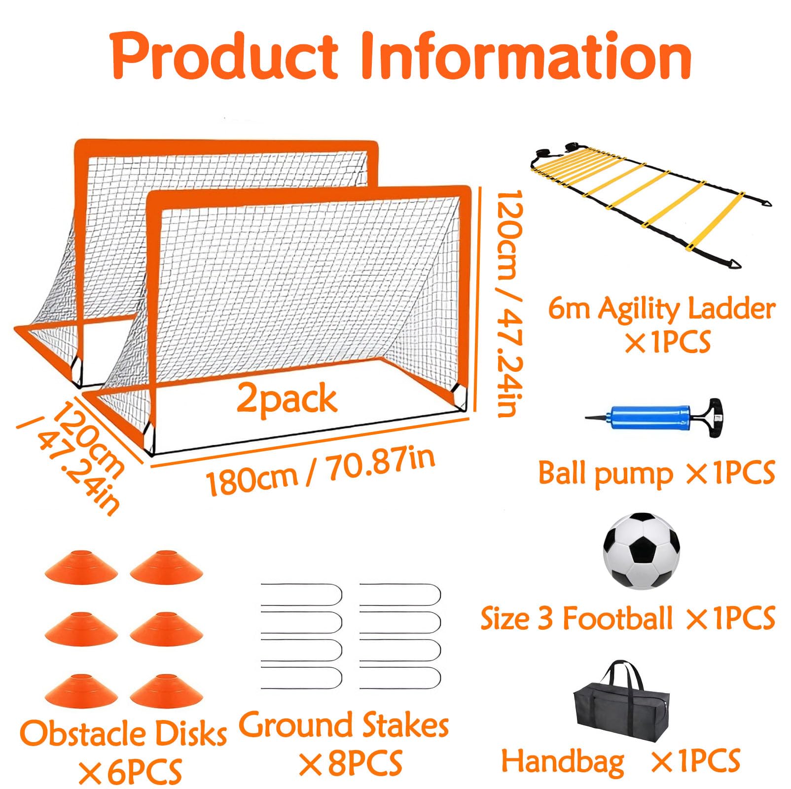 2 Pcs Portería Fútbol Adolescentes con Balón Tamaño 3, Bomba, 6 Conos y Bolsa de Transporte, Porterías de Fútbol Pop-Up Plegable, Kit Entrenamiento Futbol Portátil para Jardín, Playa,Exterior,Interior