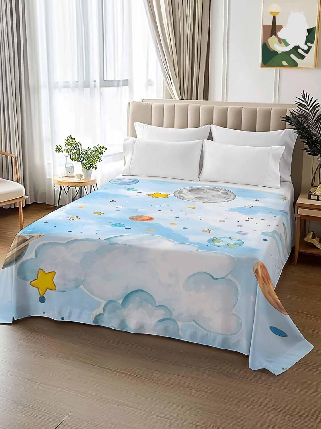 Full Flat Sheet, Children's Day Full Bed Sheets Only, Soft Microfiber Flat Sheet, Galaxy Universe Stars Planets Moons Hotel Quality Bedding Top Sheet Bedroom Home Dorm Decor
