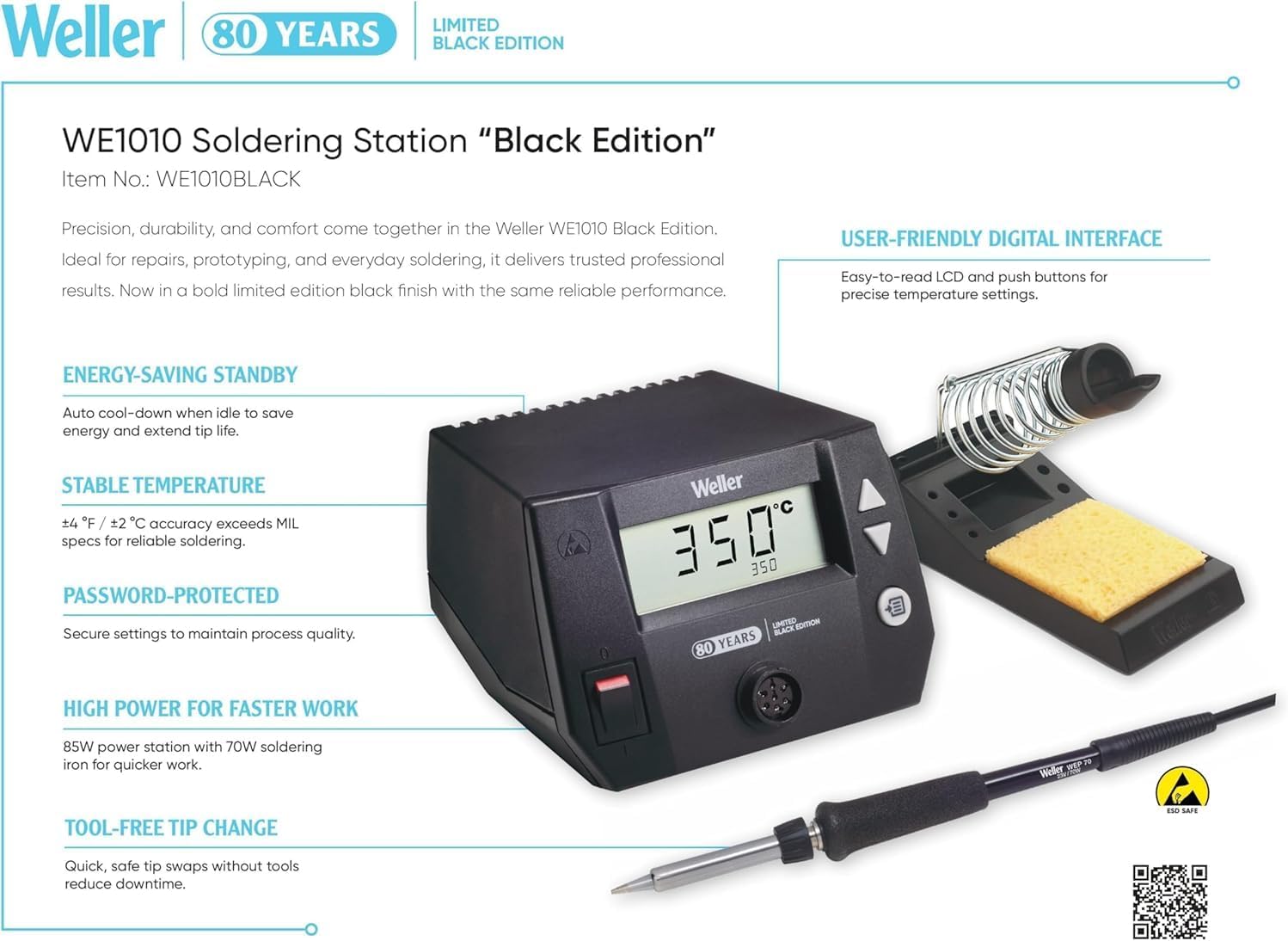 Weller Anniversary Black Series WE1010 120V Soldering Station | WE1010BLACK + Weller ZeroSmog Shield Fume Extractor | FT91019190