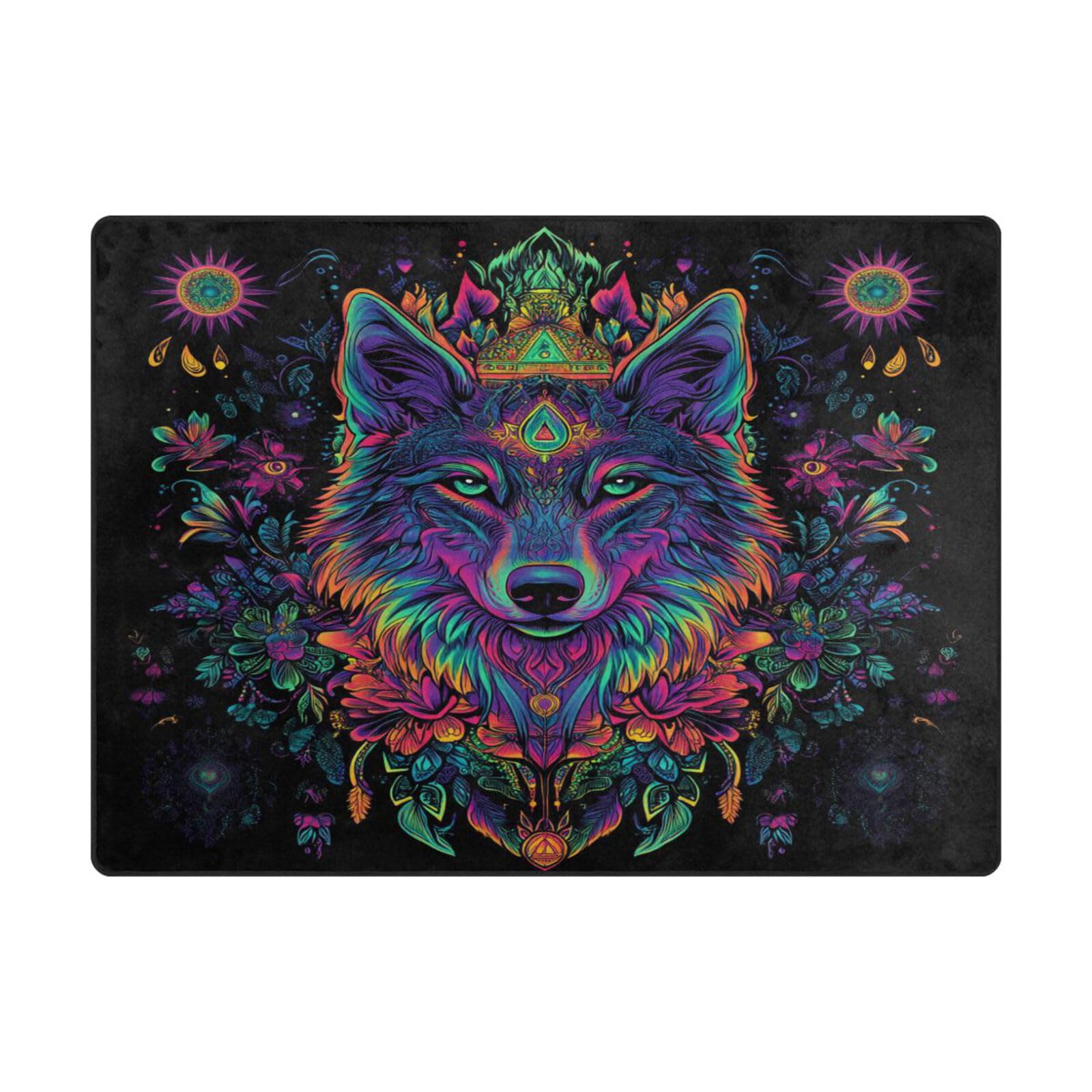 Tapis loup fluo tribal grand format 203x147 tapis doux Mnsruu