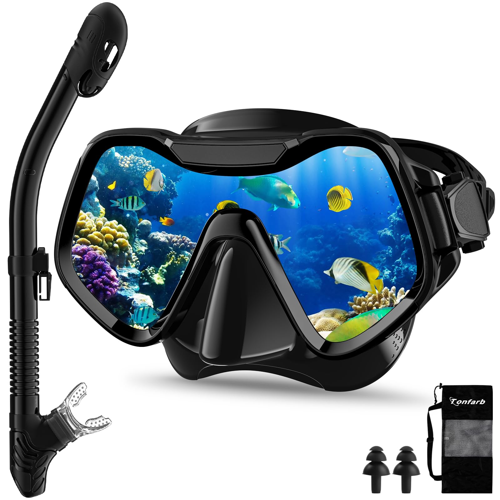 Maschera Subacquea Adulti, Tonfarb Maschera Snorkeling con Maschera e Boccaglio, Panoramica a 180 Gradi e Boccaglio Snorkel, Anti-Nebbia Antiperdita Maschera Sub per Giovani e Adulti