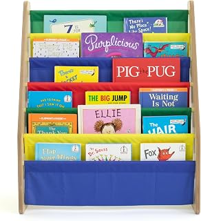 Humble Crew Kids Bookshelf, Montessori Front Facing Toddler Bookcase 4 Tier | Book display rack and reading nook organizer, nylon pockets show covers face out, compact for any playroom or bedroom space