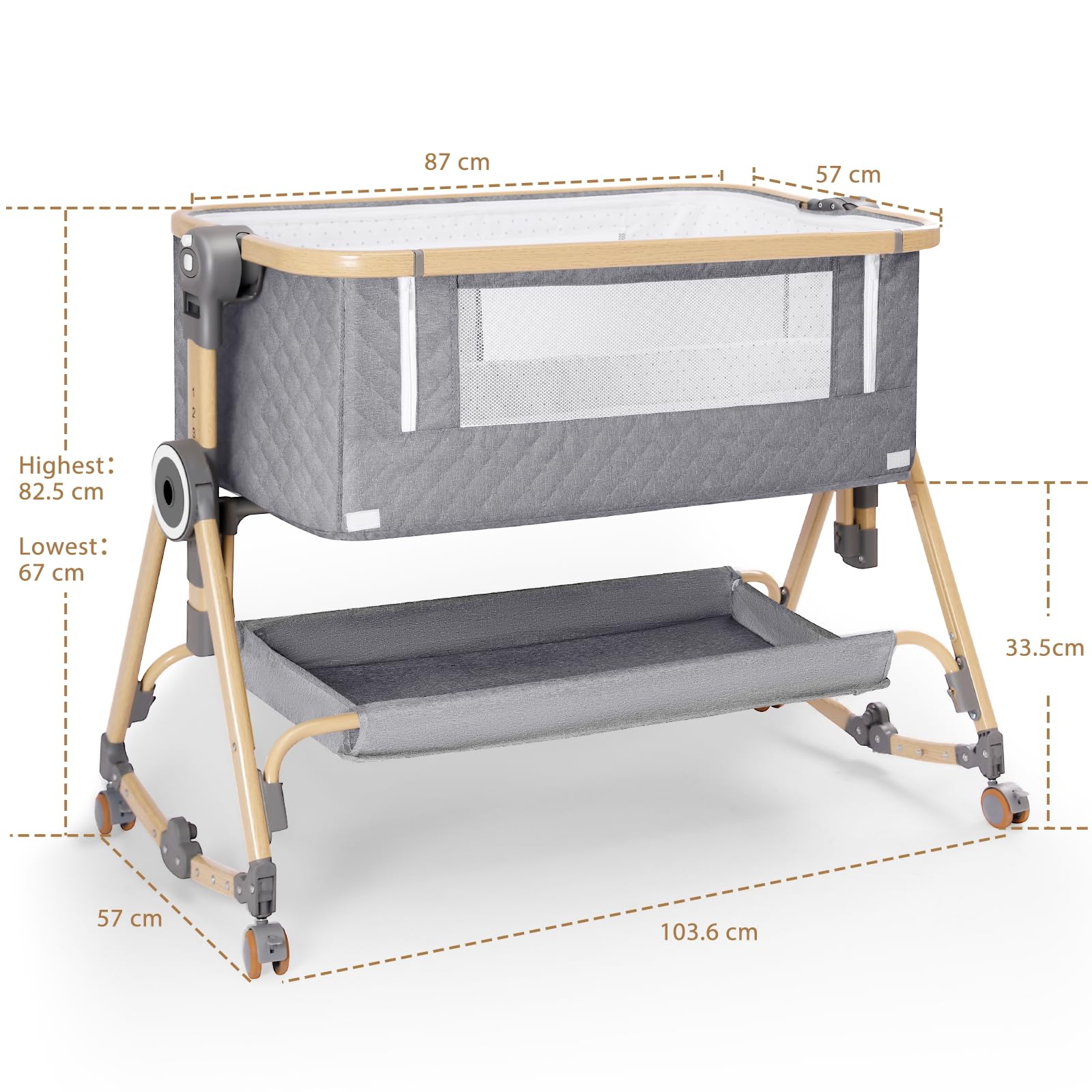 HOLAVIDA 5 in 1 Culla Neonato, Culla Co-Sleeping, Letto Neonato con Ripiano, Zanzariera, Fasciatoio, Materasso, Lettino da Viaggio Regolabile per Neonati/Lattanti (Grigio)