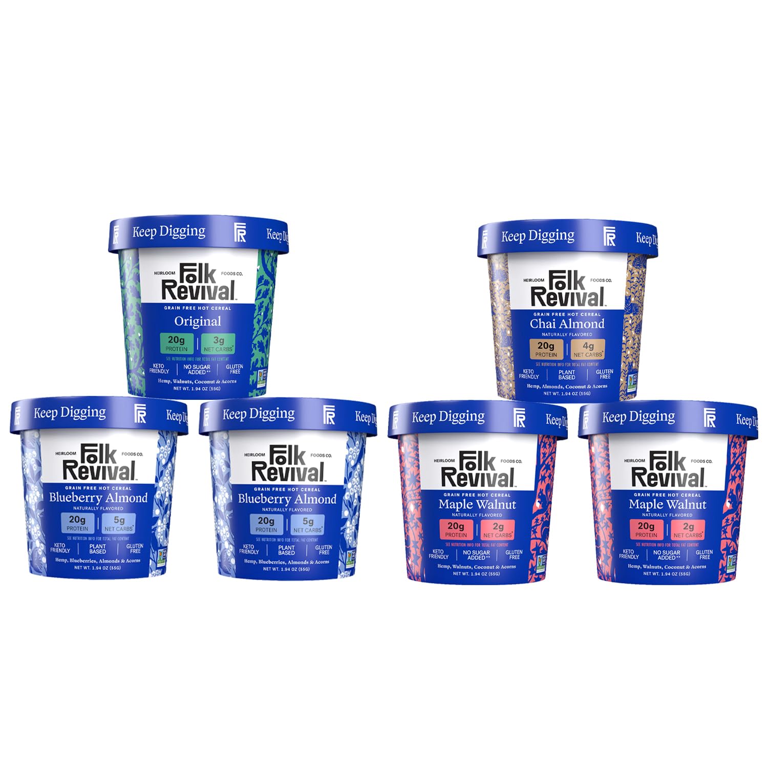 Sponsored Ad - Folk Revival Variety Pack Keto Instant 'Oatmeal' - 20g of Protein, Low Carb, High Fiber, 2 Blueberry, 2 Maple Walnut, 1 Chai Almond, 1 Original - 6 Cups Per Case