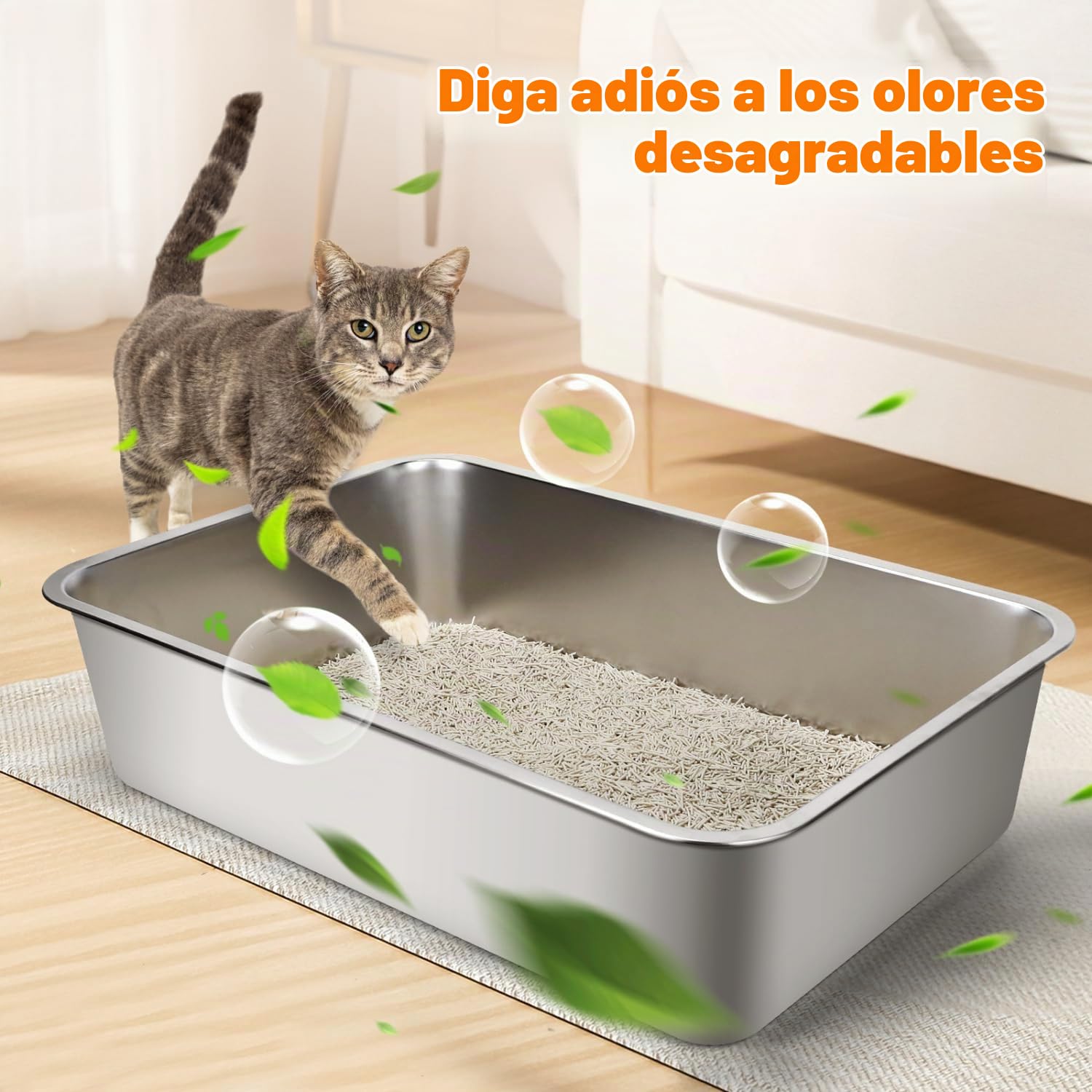 Nobleza Arenero Gato Acero Inoxidable Grande (Paquete de 2), 60x40x15cm Cajas de Arena para Gatos de Borde Alto, Arenero Gatos Que No Absorbe Olores, Adecuado para Gatos Grandes y Gatitos Múltiples
