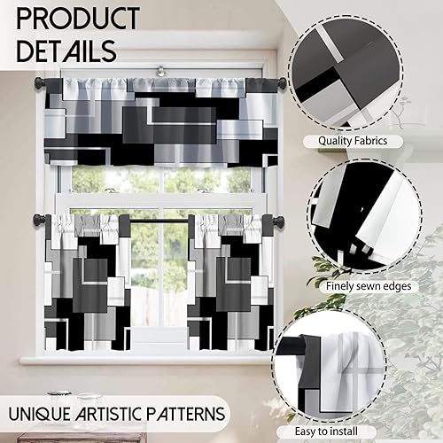 Miniatura 2 de MCALK Juego de cortinas de cocina gris oscuro y cenefas de 3 piezas para ventanas, arte geométrico moderno, juego de cortinas de ventana de cocina,