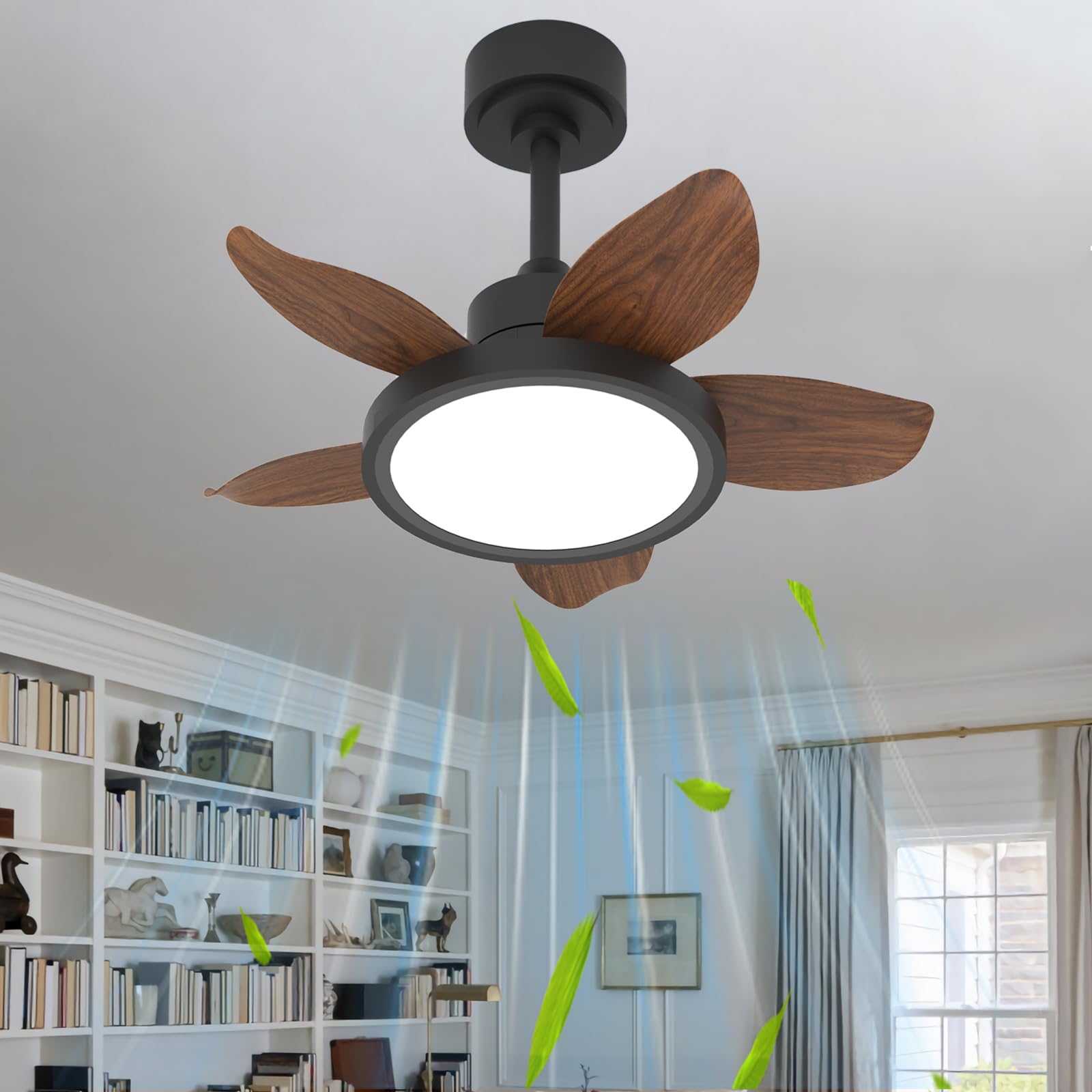 SXDMOUBK 5-Blade Walnut Ceiling Fan with LED Lights Remote Control & App Dimmable Chlier 6 Speeds Reversible Timer 25in Ideal for Bedroom & Living Room