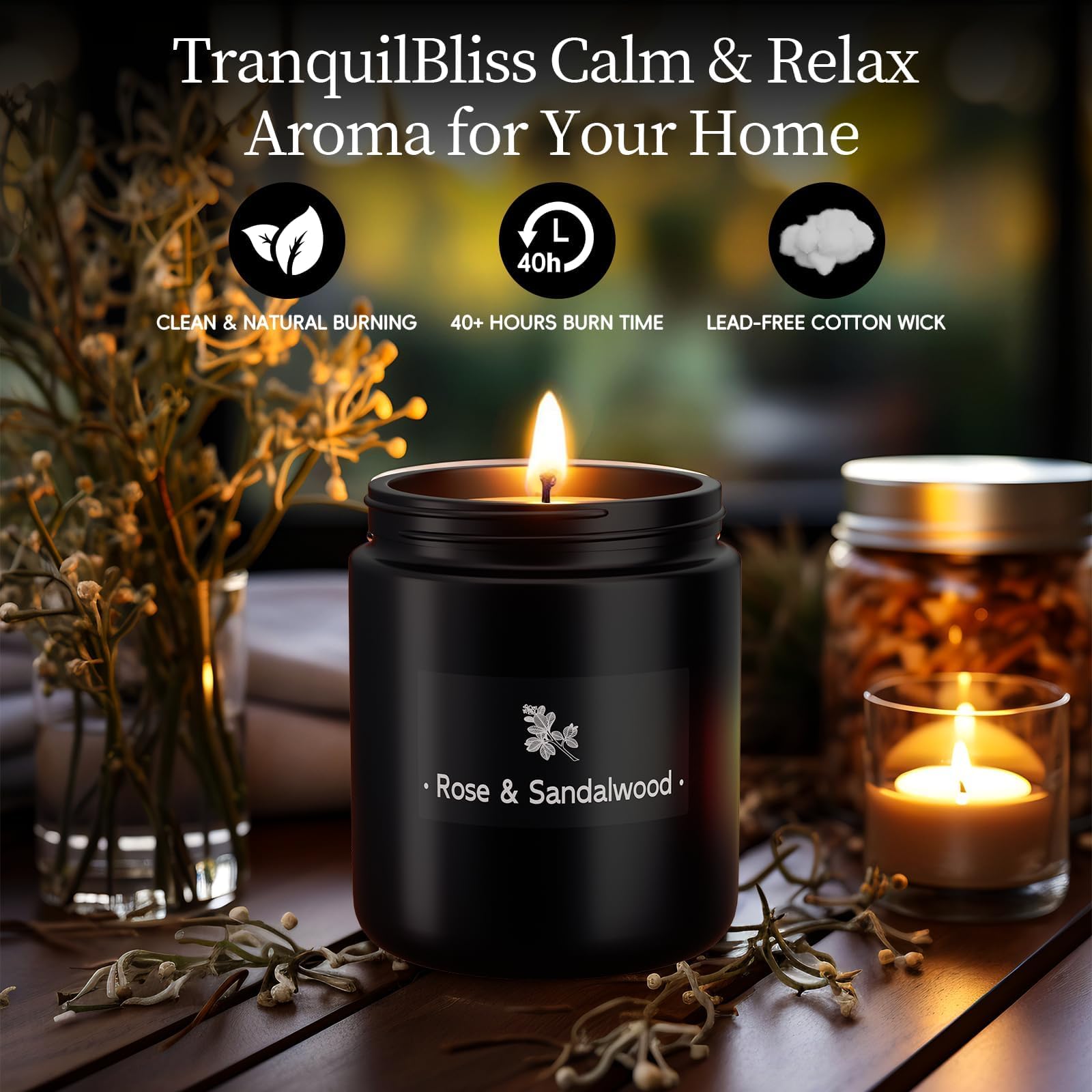 Velas perfumadas para el hogar, vela de aromaterapia con fuerte fragancia – 7.6 onzas, 100% cera de soja – Velas de Navidad perfumadas para hombres y mujeres en tarro negro, rosa y sándalo